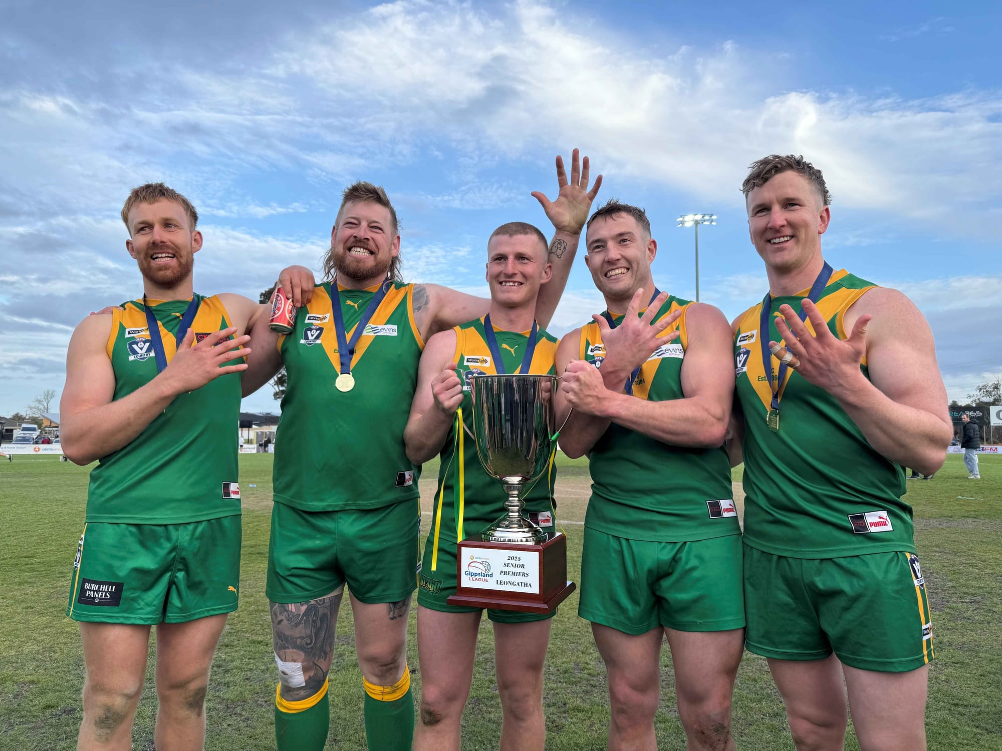 These five Leongatha players have all won five premierships in the green and gold including in 2017, 2018, 2022, 2023 and 2025; Luke Bowman, Ben Willis, Sam Forrester, Tom Marriott and Cade Maskell.