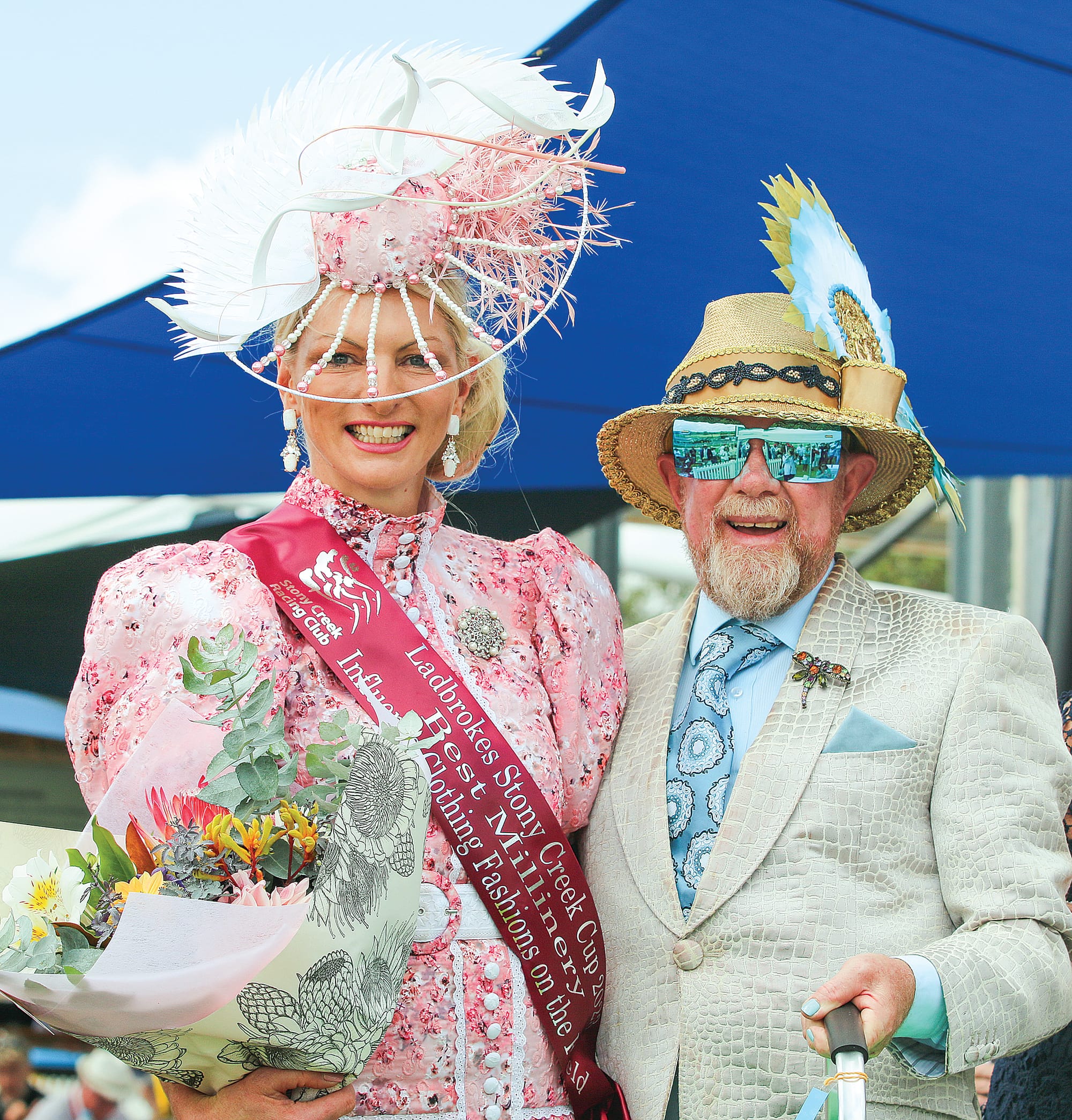 2023 Fashions on the Field Best Millinery winner Karlie Owen with master Milliner Peter Jago.