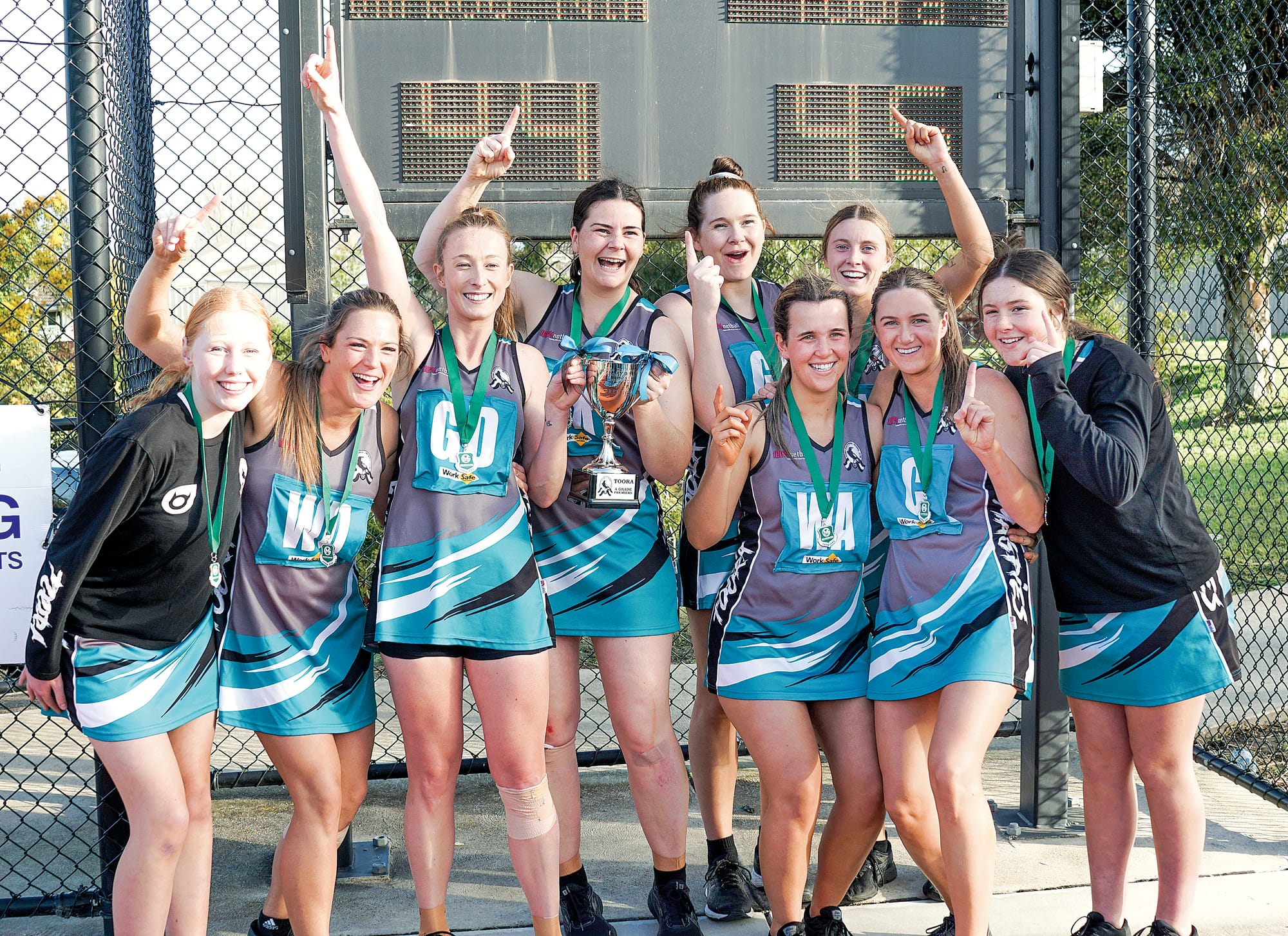 Toora’s A Grade premier winning team put a performance that will be remembered for years to come in their incredible match against Mirboo North. The premiership team pictured are Alana Manders, Brylee Angwin, Grace McLean, Natalie Griffin, Kristie Moore, Kelsey Angwin, Hannah Weston, Tayah Jenkins and Lily Mcdonald. Ns123722