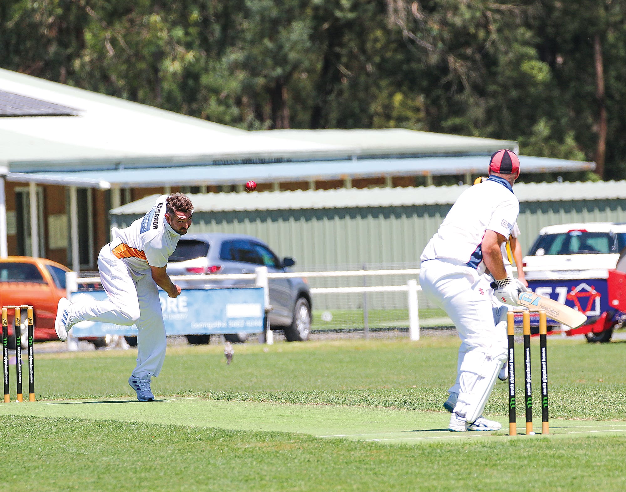 Foster’s Michael Cook delivers the cherry down the pitch. C29_0525