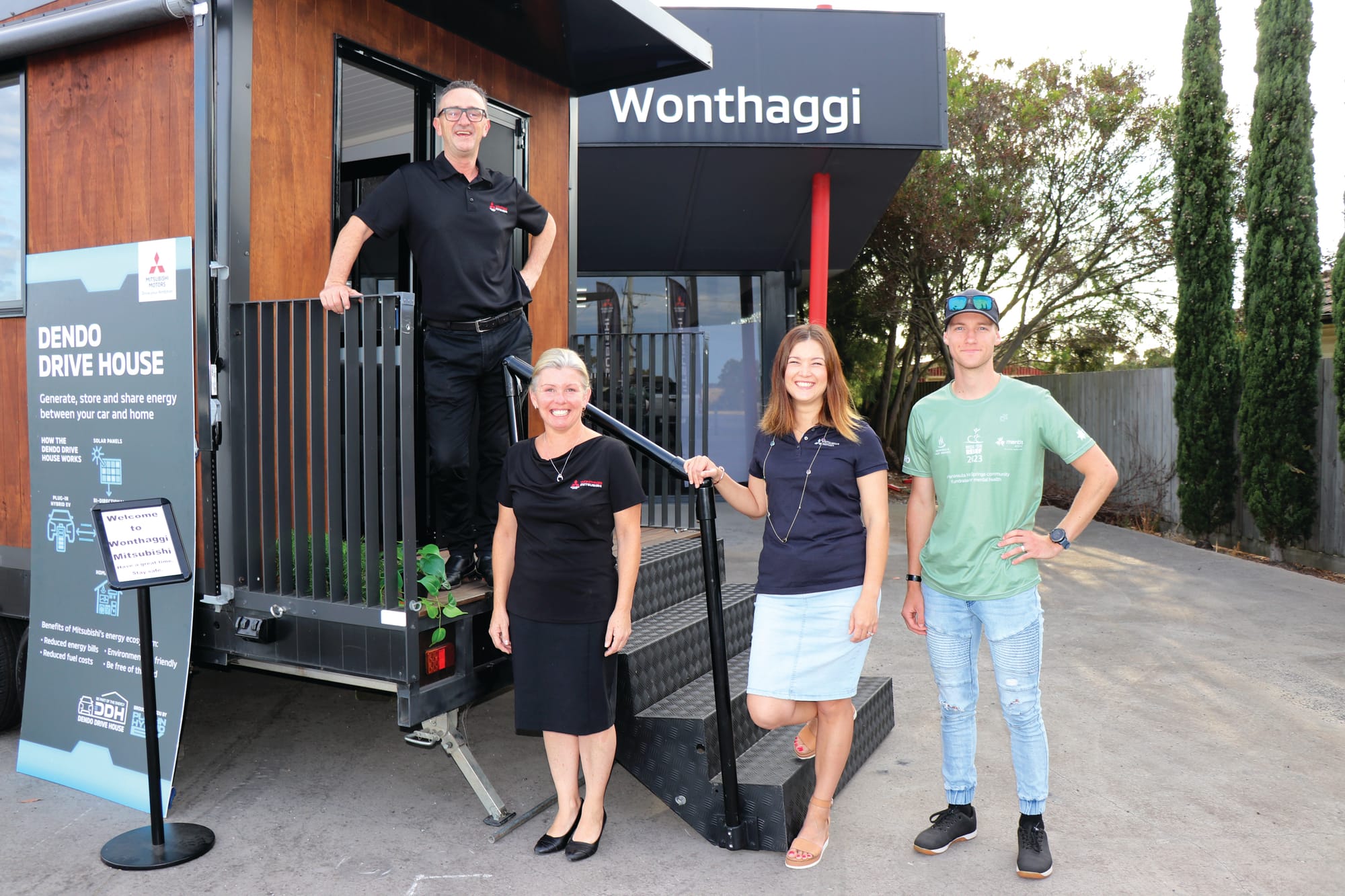 Mitsubishi’s Warren and Nicole Stewart with Josephine Wagstaff sponsored the ride for relief 2023 event, welcoming Ethan Bevends to Wonthaggi for the fourth day of the ride. Z12_0923