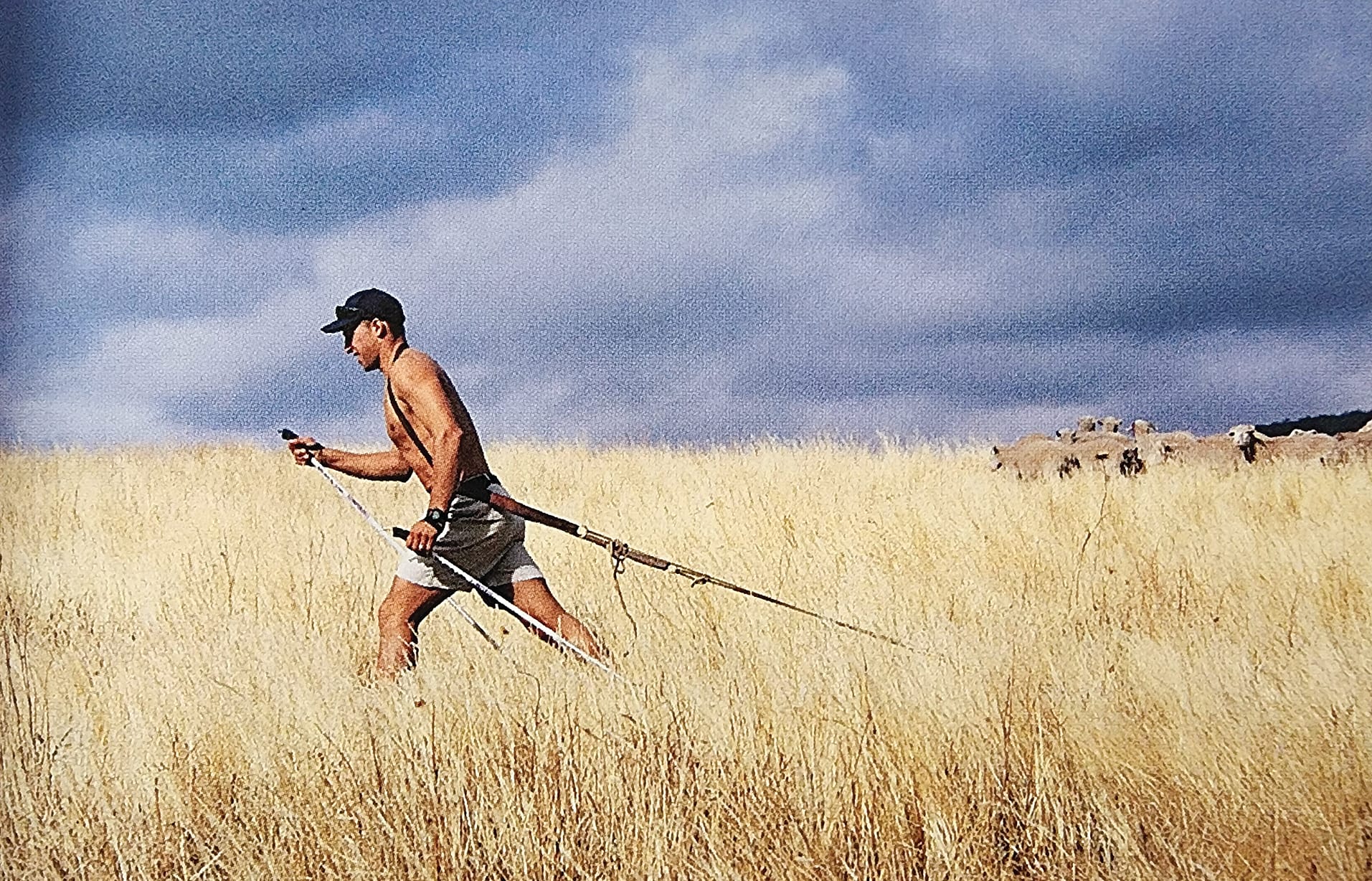 Peter in December 1997, preparing for the North Magnetic Pole by dragging a tyre around the farm.