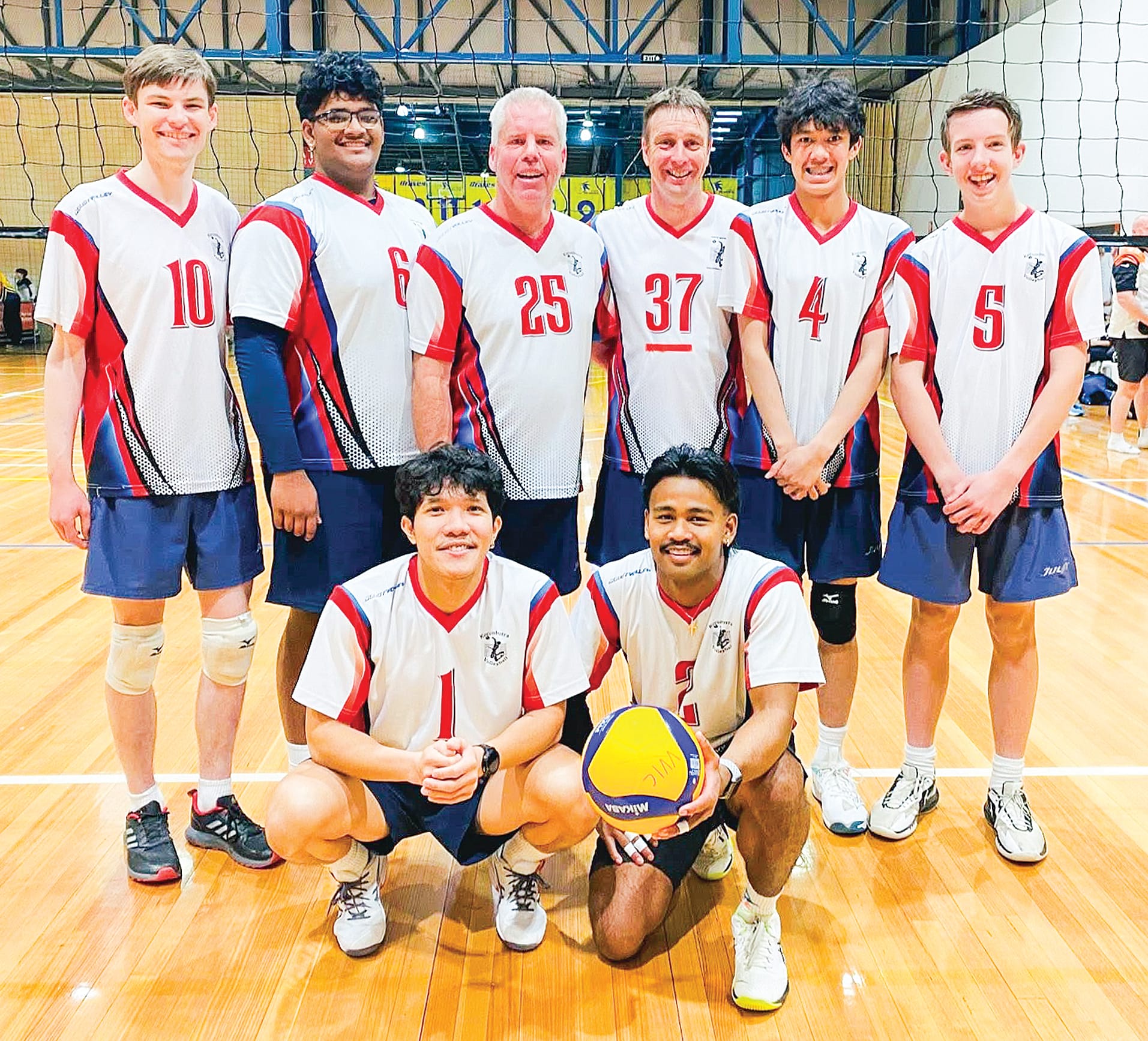 Division 3 Men. Back row, from left: Erik Webster, Jeffrin Mathew, Michael Axford, Brock Churchill (captain), Christian Ringer, Matthew Churchill. Front: Mark de Guzman (coach) and Darren Gardiner.
