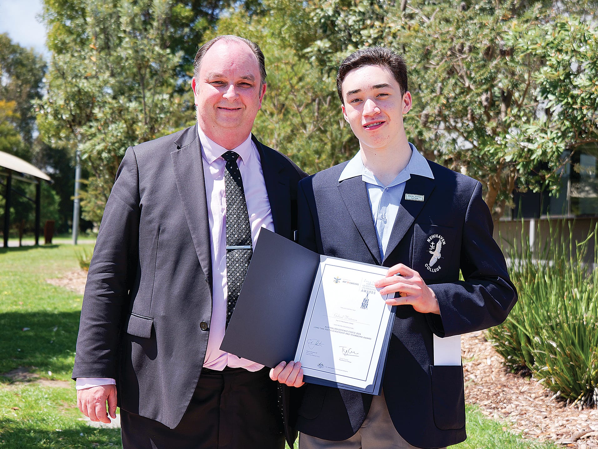 The Australian Defence Force (ADF) recognised Gabriel Winterson with the Long Tan Leadership Award, pictured with Head of Senior School, Brett Torstonson.