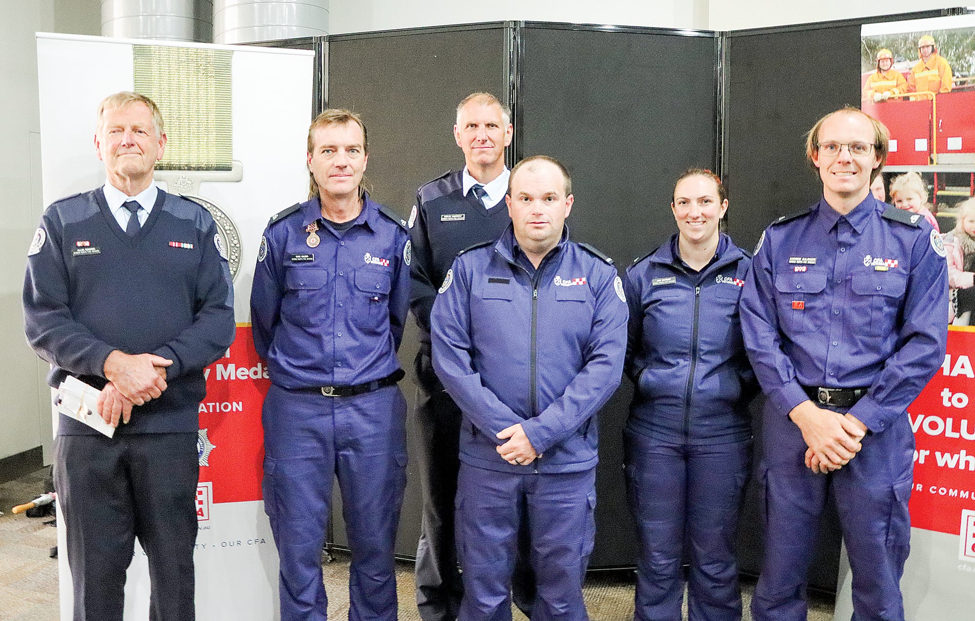 Allan Schafer, Dave Calder, Colin Murray, Trent Venten and Amie and Andrew Salinger of Mirboo North Fire Brigade.  (Medals were collected on behalf of Patrick Gunia and Matthew Polglase). A27_1623