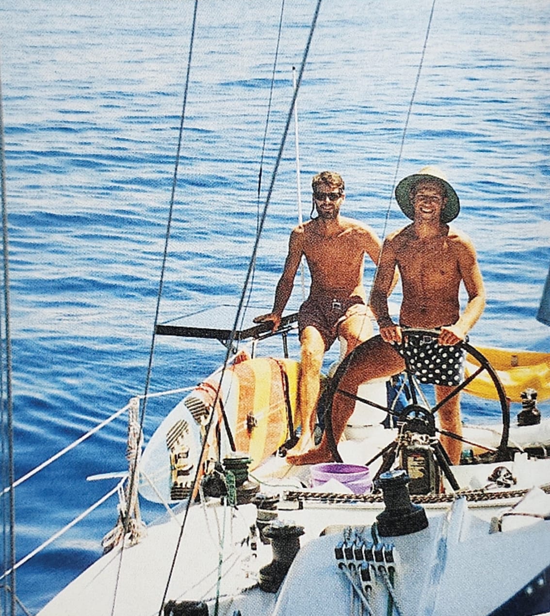 Peter and Jay coaxing Fast Forward through the doldrums as they approach the Solomon Islands en route from Osaka.

