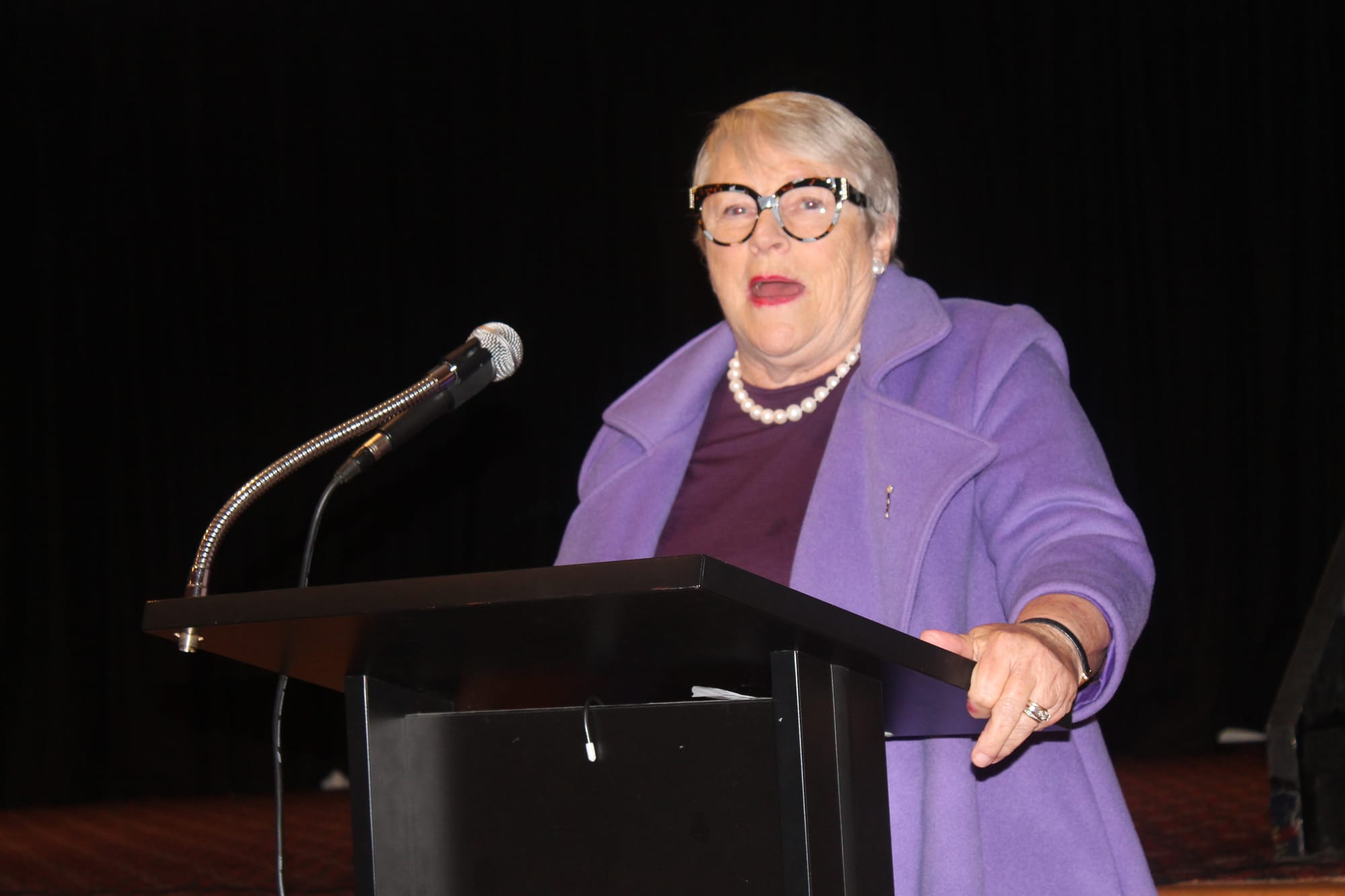Shadow Minister for Local Government Bev McArthur MP speaking at the Not In Our Name rally at the Wonthaggi Workmen’s Club. B05_3425