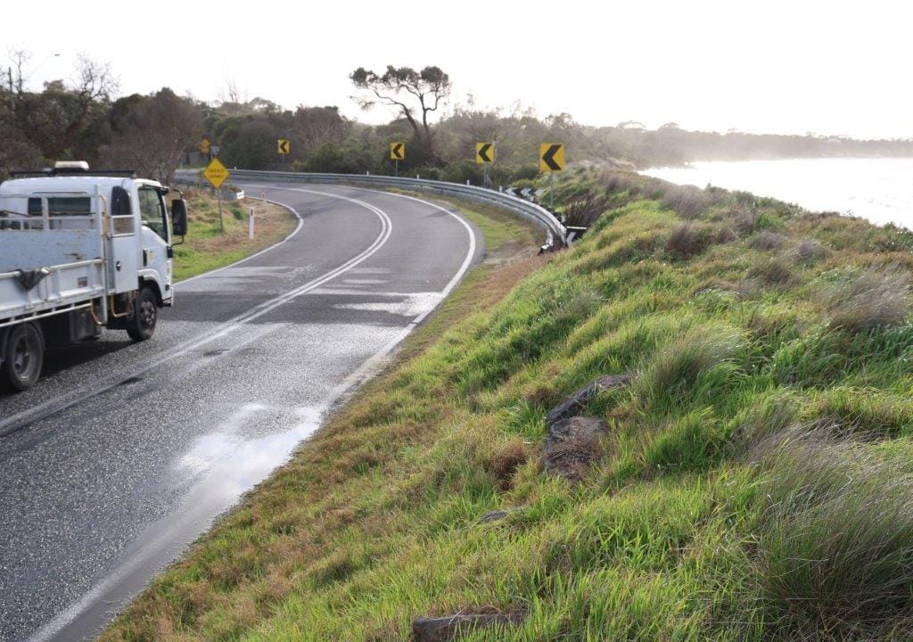 Waves broke over the rock wall on Cape Paterson Inverloch Road at the height of Wednesday's storm.