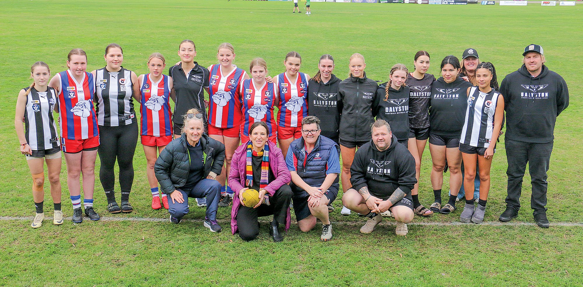 Bass MLA Jordan Crugnale (front, second left) congratulated Dalyston and Phillip Island Junior Football Clubs for the opportunities they provide to young female footballers. Currently, they are the only two local clubs to offer a pathway from Auskick through to Youth Girls in Bass Coast. 
