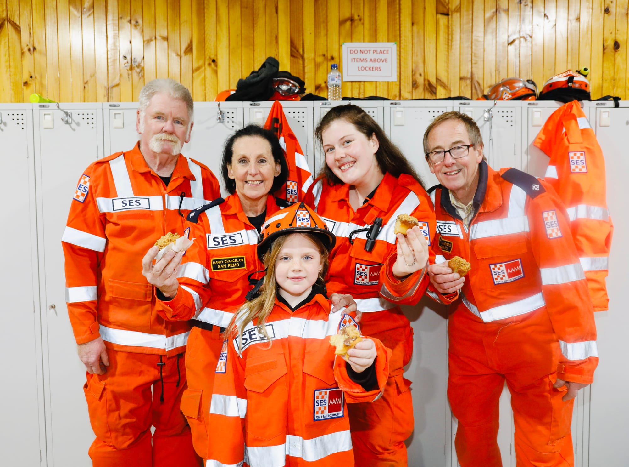 Alex Magner Karon made muffins for San Remo SES volunteers Rod Cameron, Mandy Chancellor (UC), Charlotte Jones, and Ron Chambers. Photo: Magner Media.