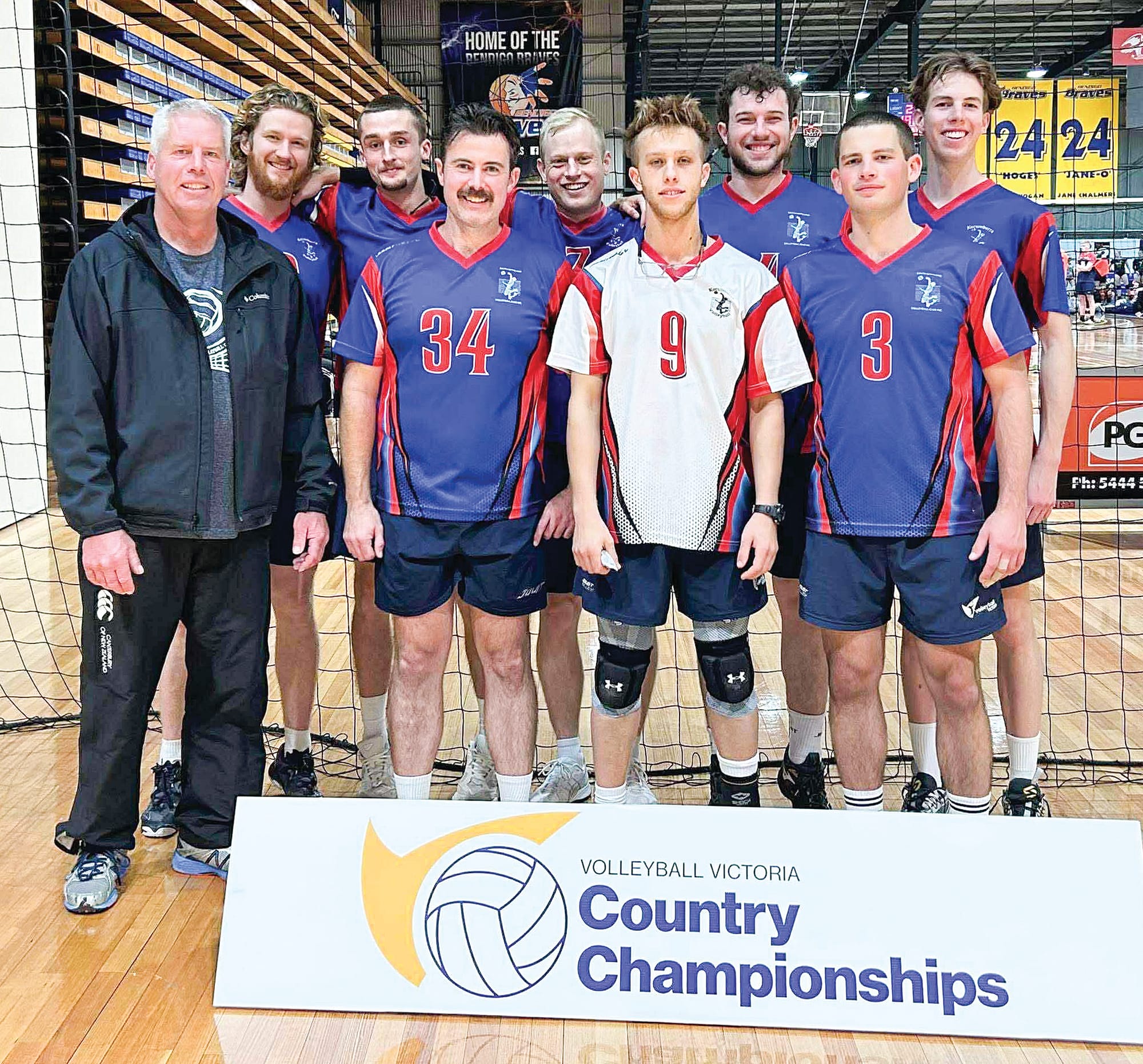 Division 2 Men. Back row, from left: Alex Miller, Hudson Short, Justin Hibma, Nicholas Dunkling, Jacob Churchill. Front: Michael Axford (assistant coach), Benjamin Hales, Dane Krackowizer and Chris Axford (captain).