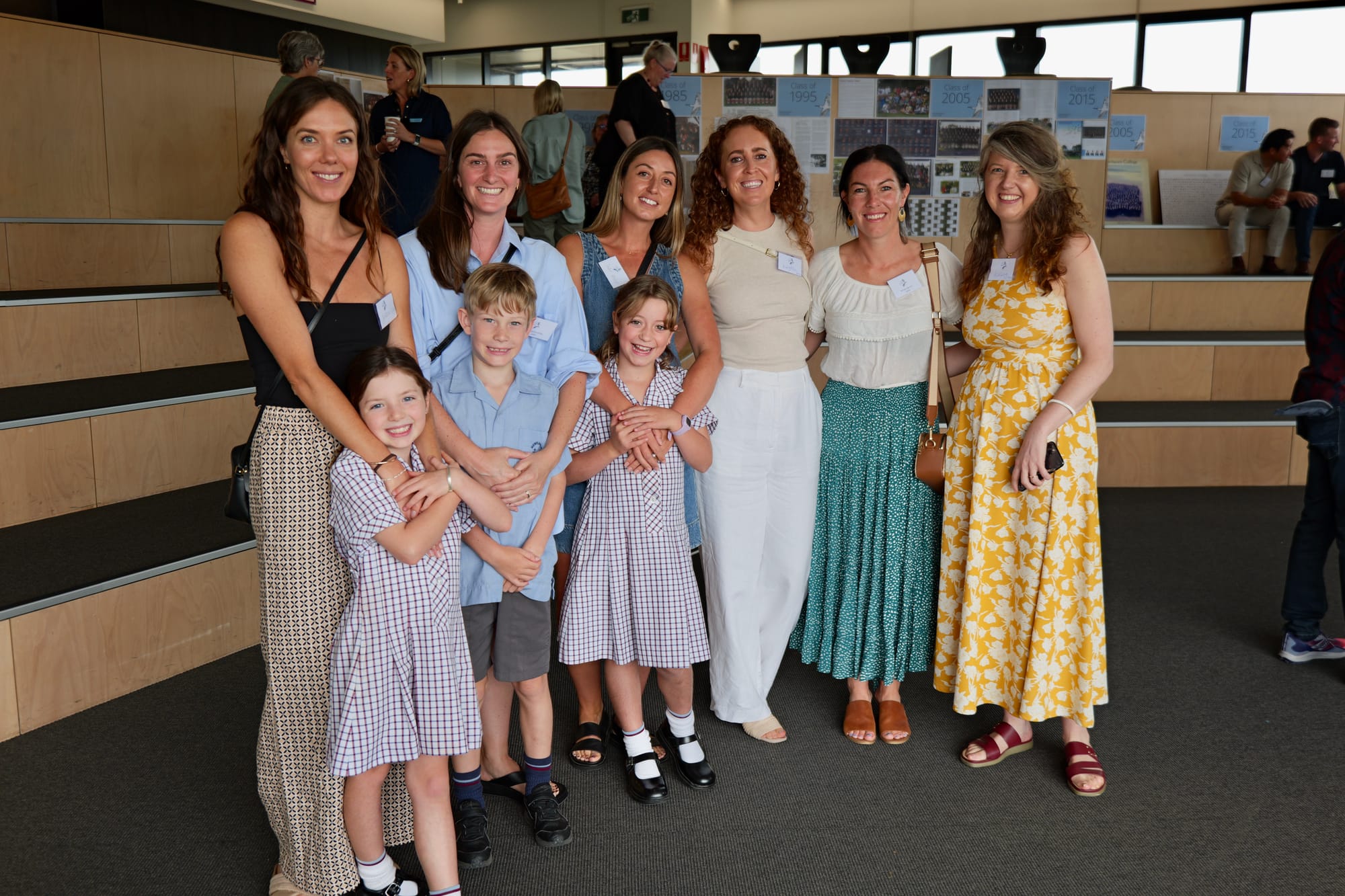 Class of 2005 Alumni, Nicola Canil (with Chloe), Sam Onley (with Harvey), Jade Potter (with Sadie), Kaytlyn, Arnika Martin and Kasey Dickie return to Newhaven College with the next generation, celebrating the tradition of learning as their children follow in their footsteps.