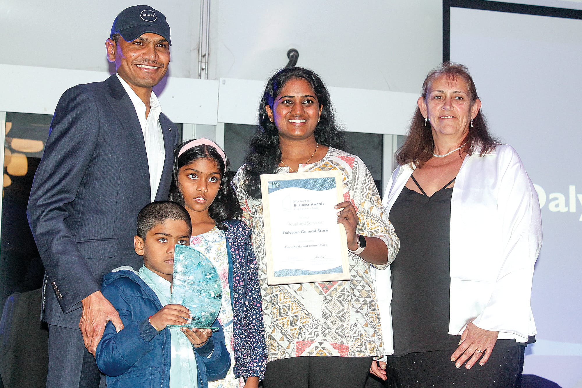 Siva, Meghama, Neha and Rishi from the Dalyston General Store (winner) Retail and Services sponsored by Maru Koala and Animal Park (People’s Choice Award). B49_3425