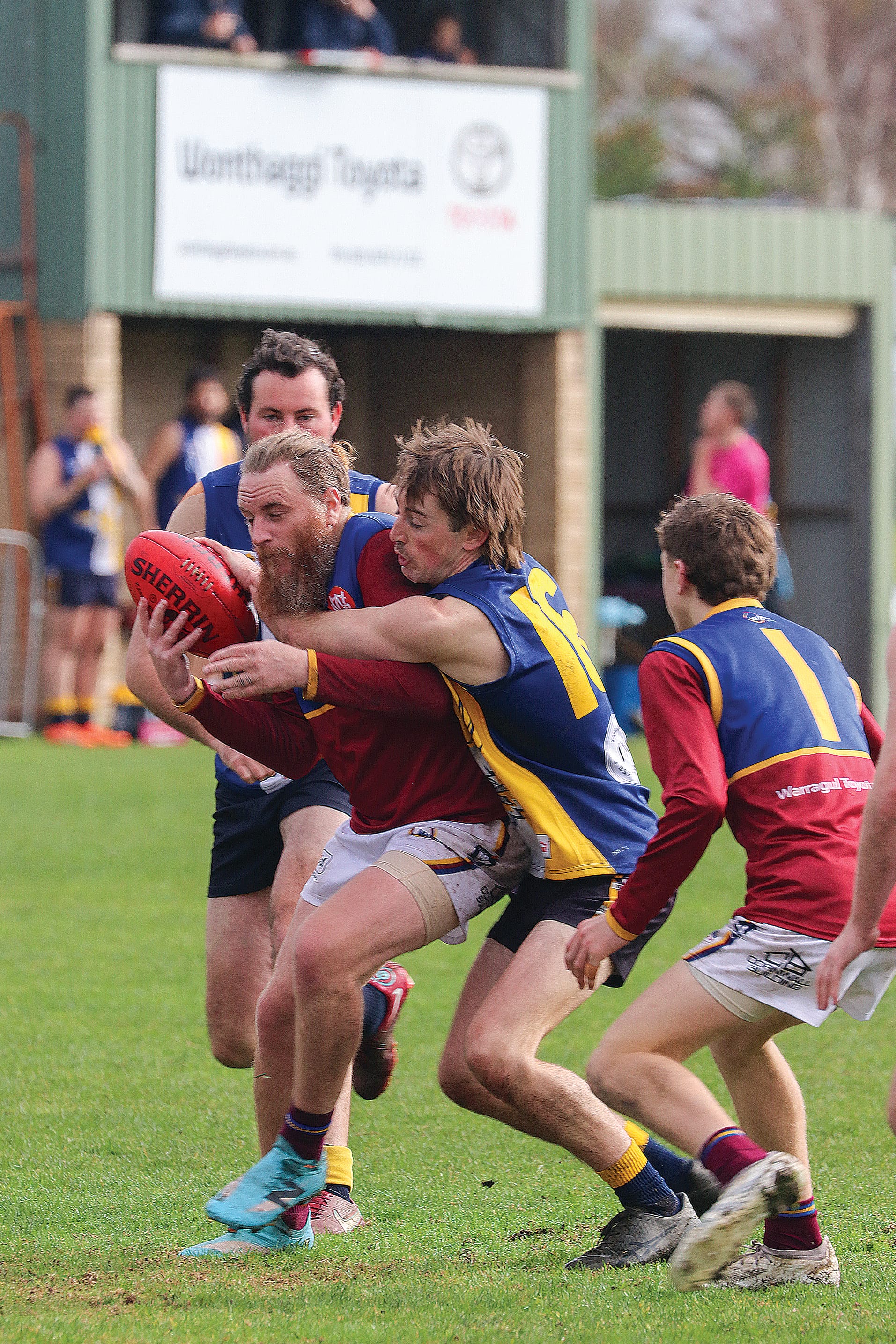 Inverloch-Kongwak’s Sasha Allen good tackle to Warragul’s Travis Maher. Z22_2924  