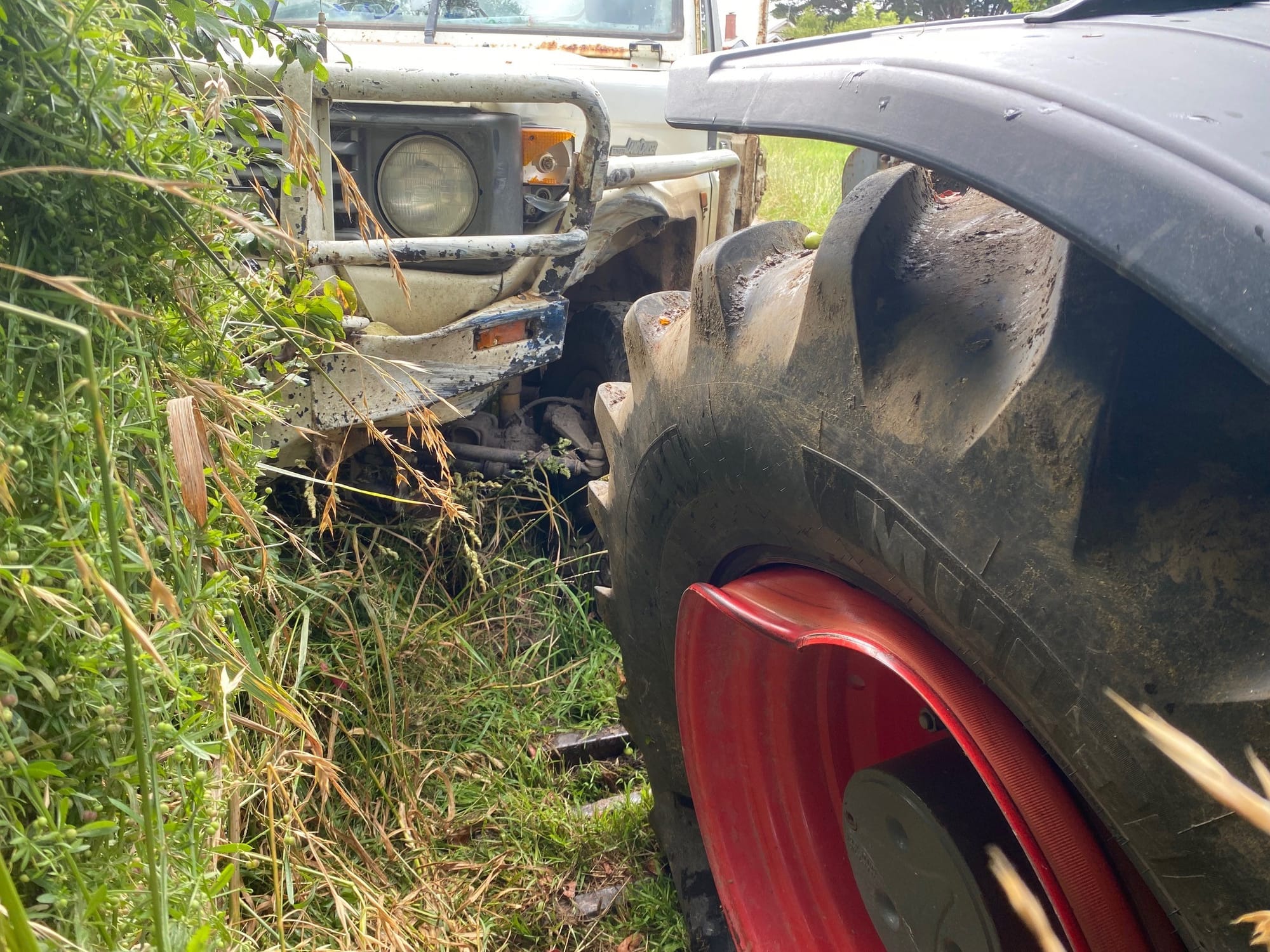 The offender collided so hard with the tractor in the farm driveway that he buckled the front wheel of the tractor and caused extensive damage to a Toyota Landcruiser ute.