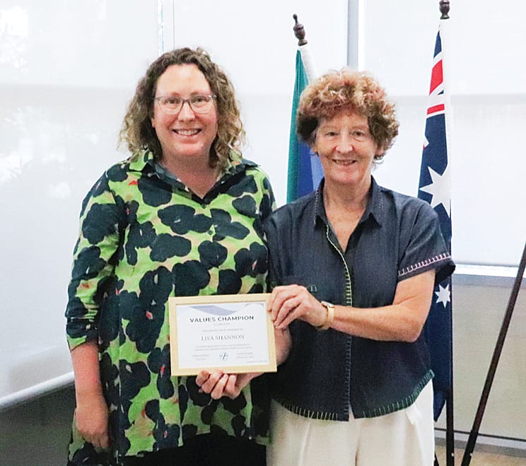 Lisa Shannon was one of two recipients of the Values Champion awards. Lisa is pictured with Board Deputy Chair Chris McLoughlin.