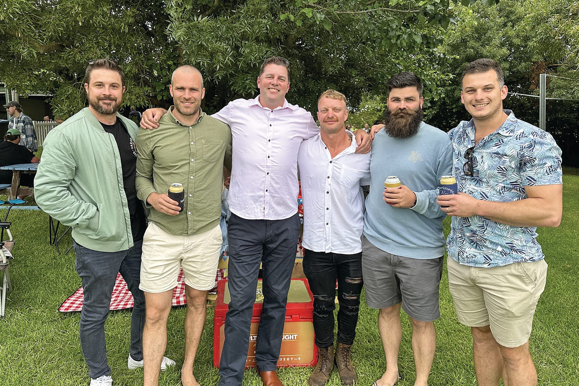 Jake Kuyper, Ryan Cornell, Grunter, Josh Lethbridge, Blake Cornell and Joel Biancon discussing who was going to be the next big winner at the Woolamai races. ob04_0124
