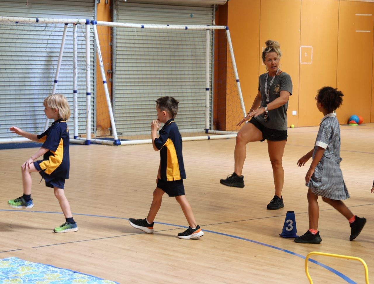 PE Teacher at Newhaven Primary School Laura-Bo Kimber puts the new preppies through their paces during their first few days at school during the week.