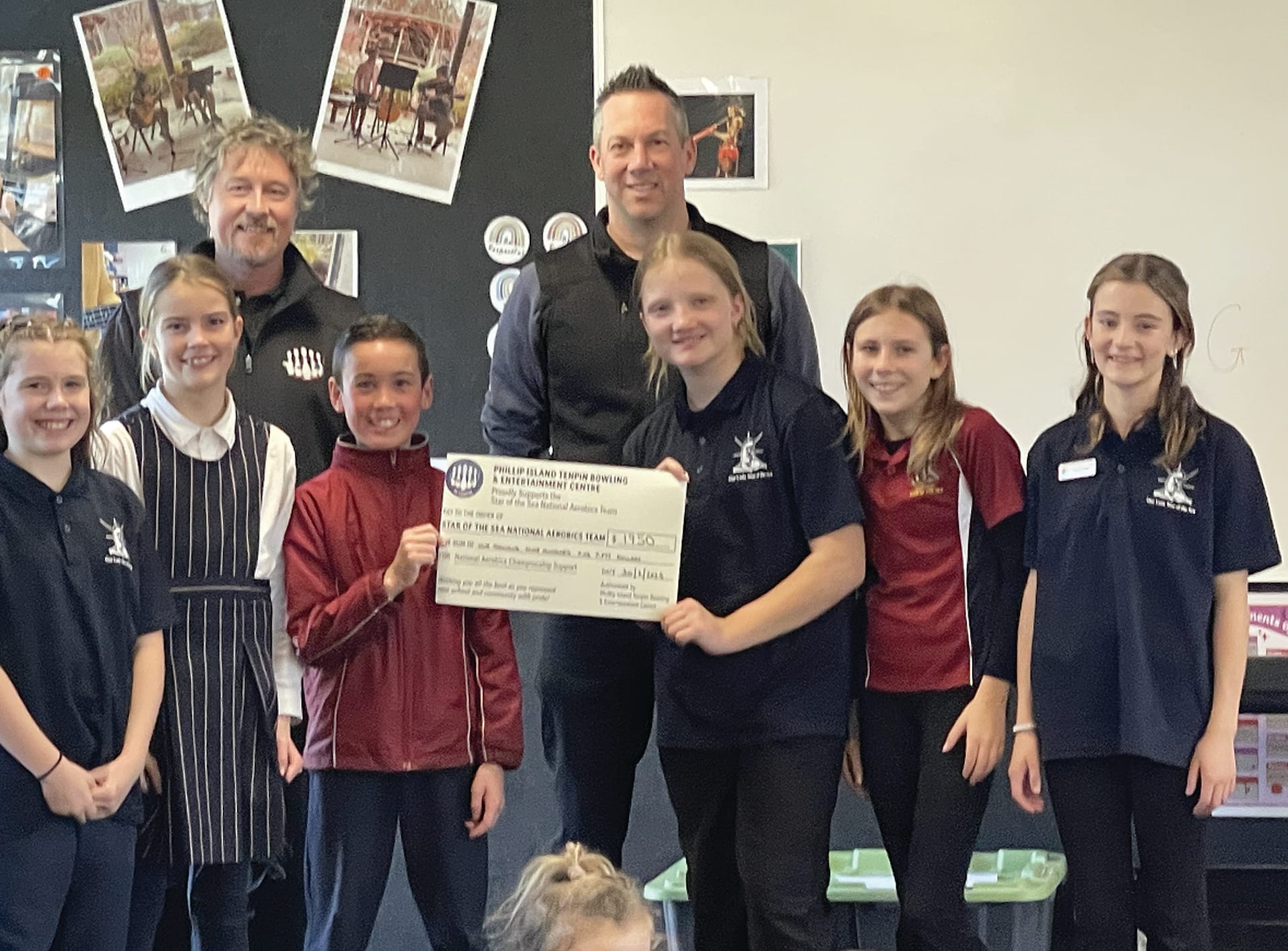A cheque for $1950 was presented by the Phillip Island Tenpin Bowling and Entertainment Centre to Our Lady Star of the Seas aerobics team, which will help them get to the National Championships.