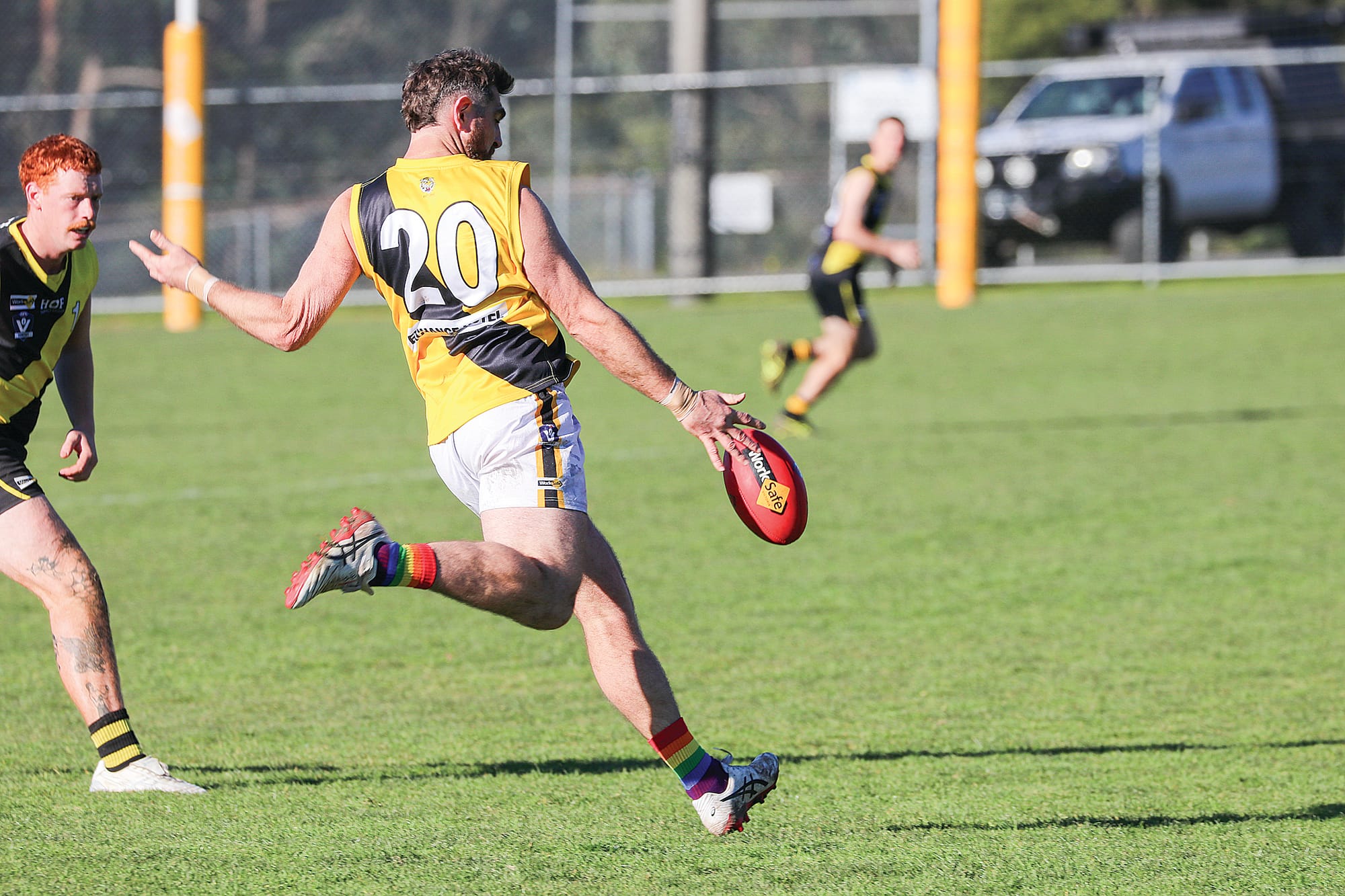 Michael Cooke launches the ball towards Foster’s forward line, a place where it spent plenty of time as Foster cruised to a 99-18 win over Mirboo North. 
