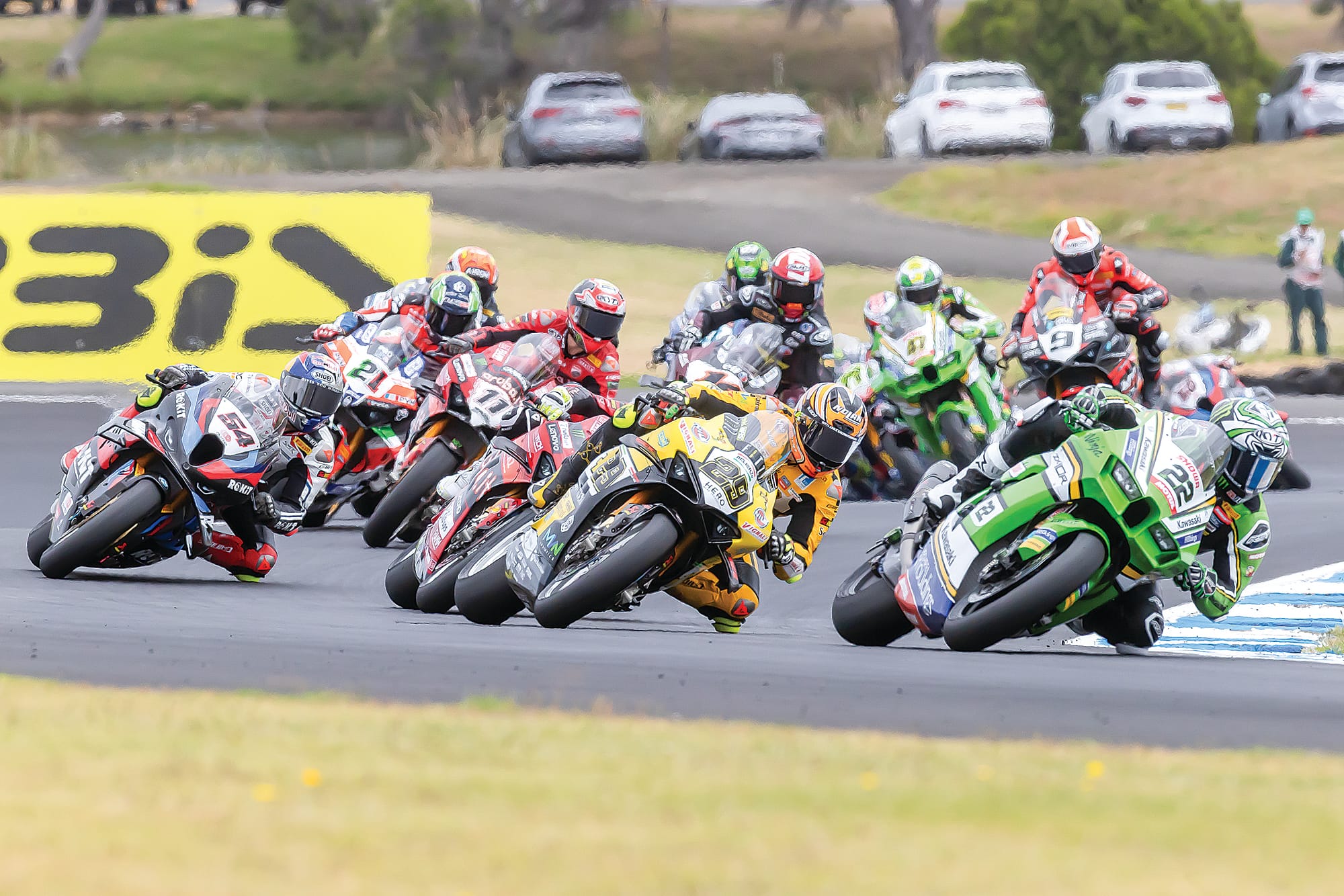 Chaos corner at turn 11 as riders jostle for position. Alex Lowes (22) and Andrea Ianone (29) turned up the heat in 2024. Lowes being the dominant rider at the 2024 meet will be ultra-competitive in 2025.
