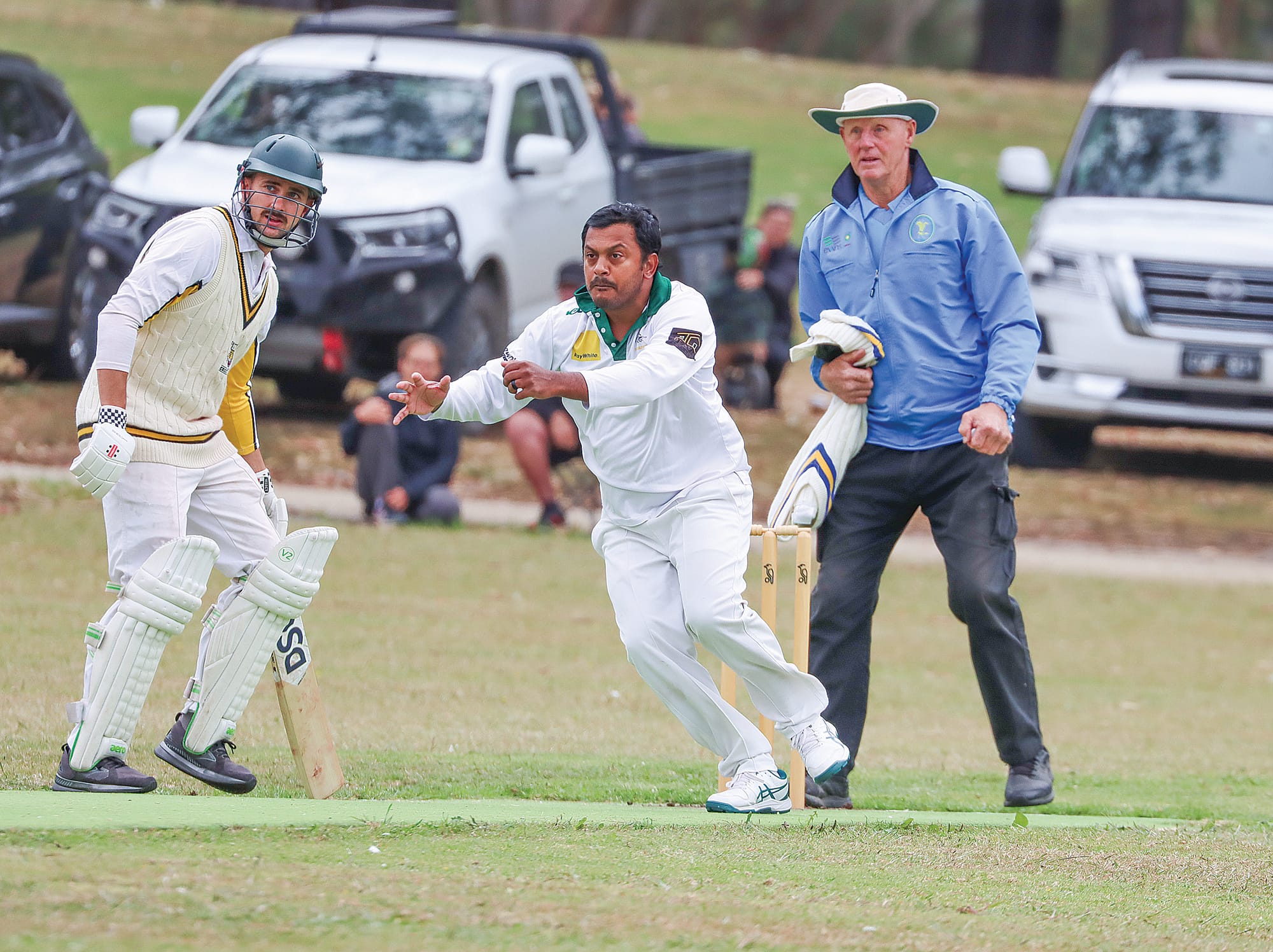 Pandukabhaya Jayasinghe is ready to field off his own bowling during a starring performance in which he snavelled 5/23 off 12 overs in Leongatha Town’s commanding B2 triumph against Foster. A47_1325