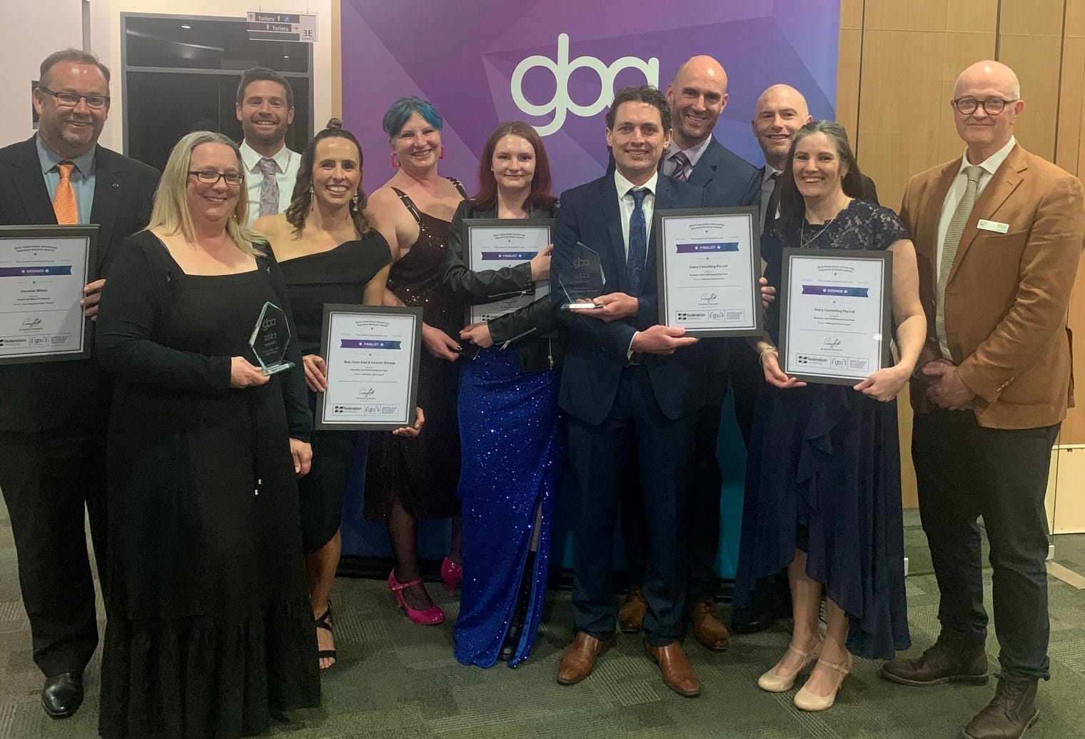 Some of the Bass Coast Shire businesses including Deery Consulting winner Business and Professional Services Award and Harman Wines, winner of the Food and Wine Producers Award, celebrate afterwards.