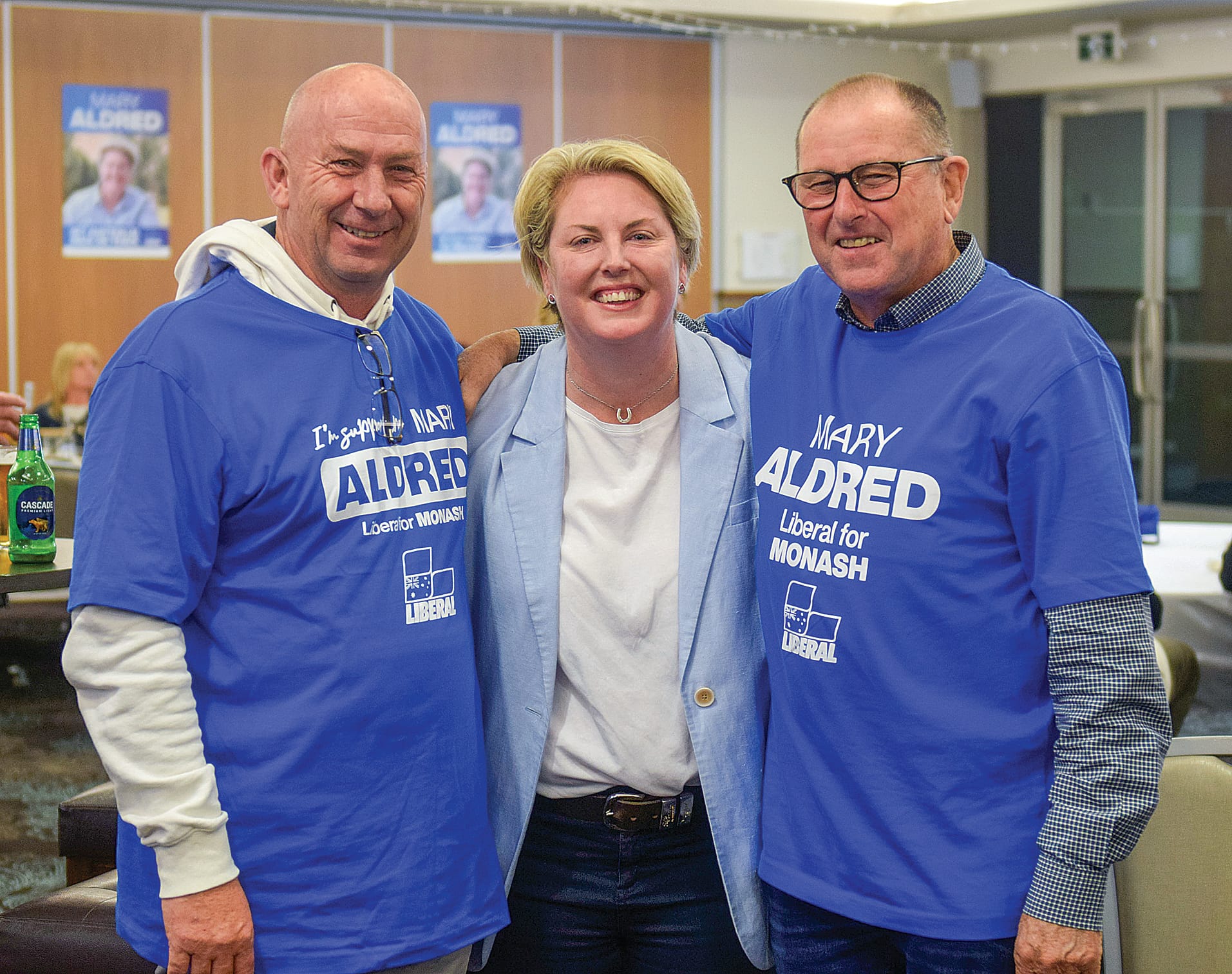 Mary Aldred alongside Liberal Member for Narracan, Wayne Farnham, and former Member for Narracan, Gary Blackwood. Photo: Latrobe Valley Express.