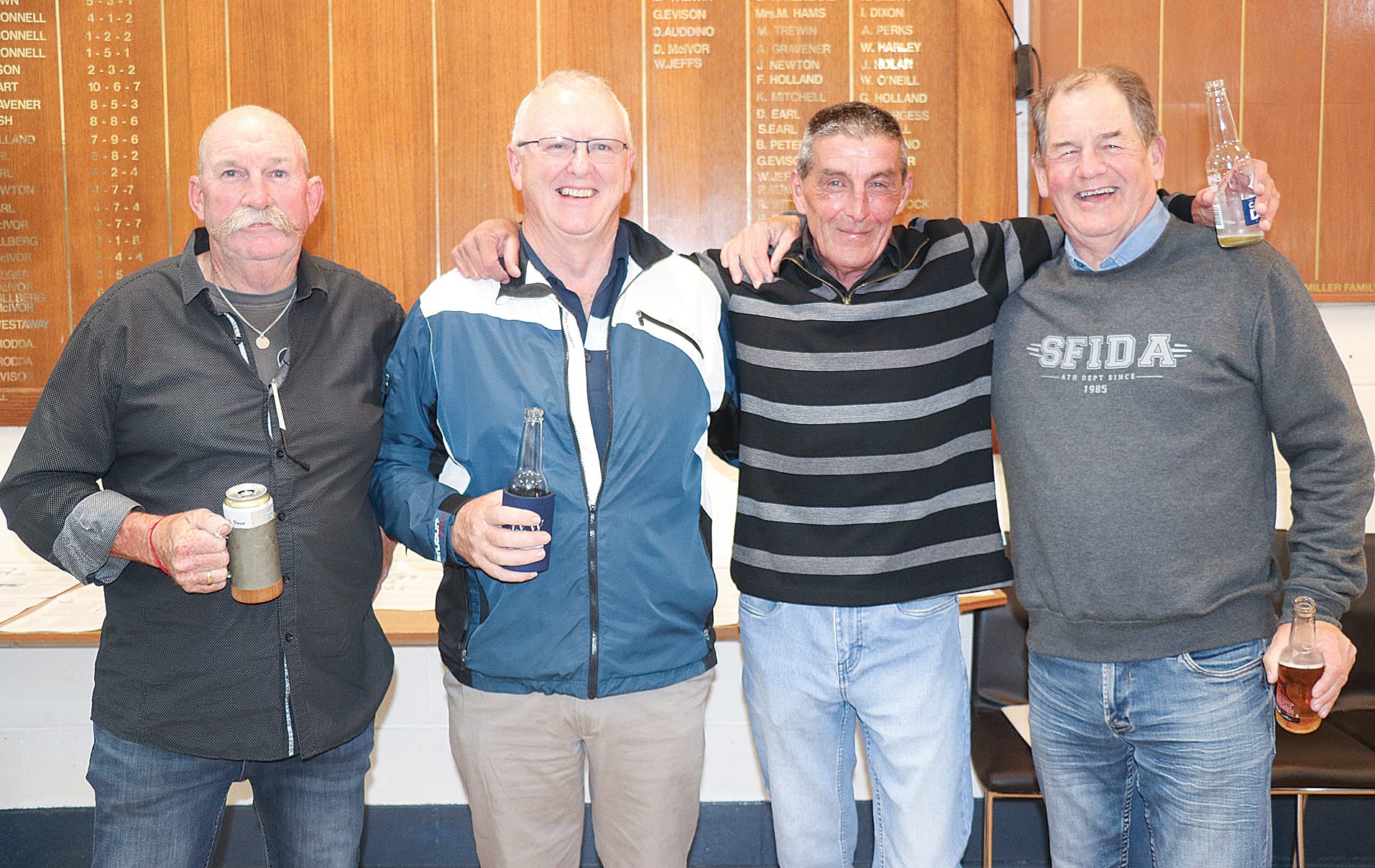 Max Beard, Terry McGann, David Cruickshank, and Terry Waycott reflect on their years with the Korumburra Cricket Club at the 50th reunion. Z34_4523