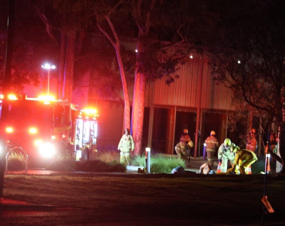 The new cultural centre in Cowes was the seen of a mock training exercise on Tuesday night this week that saw Berninneit’s back garden lit up with red and blue lights and dozens of fire fighting volunteers from Phillip Island, San Remo and Wonthaggi brigades.
