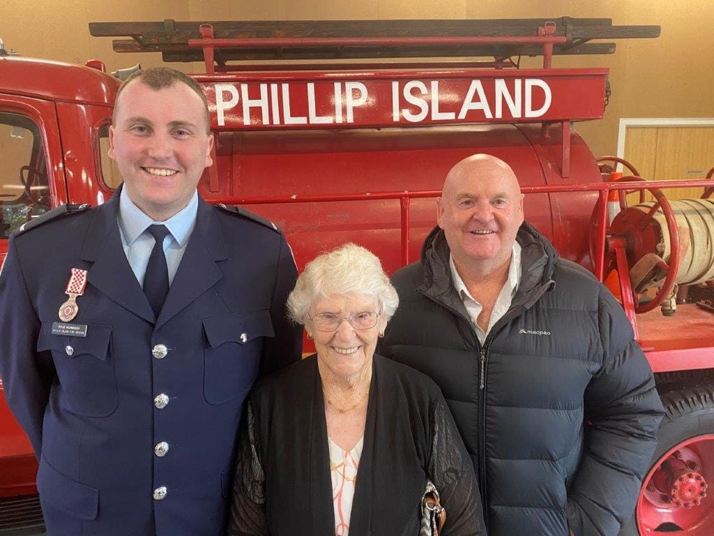 Among those at the opening of the Phillip Island Fire Station were Kyle, June and David Murdoch, grandson, son and wife of the late Artie Murdoch.