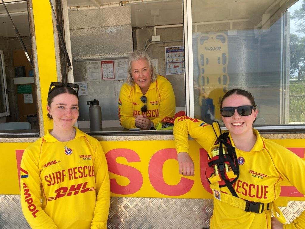 Bella Perich, Angela Malan and Finley Withers get set for the start of the volunteer patrol season at the Inverloch Surf Beach last weekend.