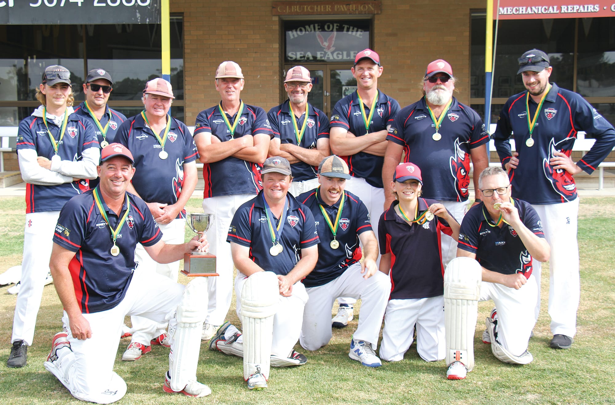 2025 C2 Division MDU Premiership Team. Back, from left, Lochlan Webb, Glen Cocksedge, Stephen Riley, Tim Bright, Gary Webster, Simon McRae, Keiran Brown and George Batten. Front, Dale Thomas (captain), Clayton Fisher (Man of the Match), Kurt Sinclair, Cooper Webb and Craig Hoober.  B32_1325