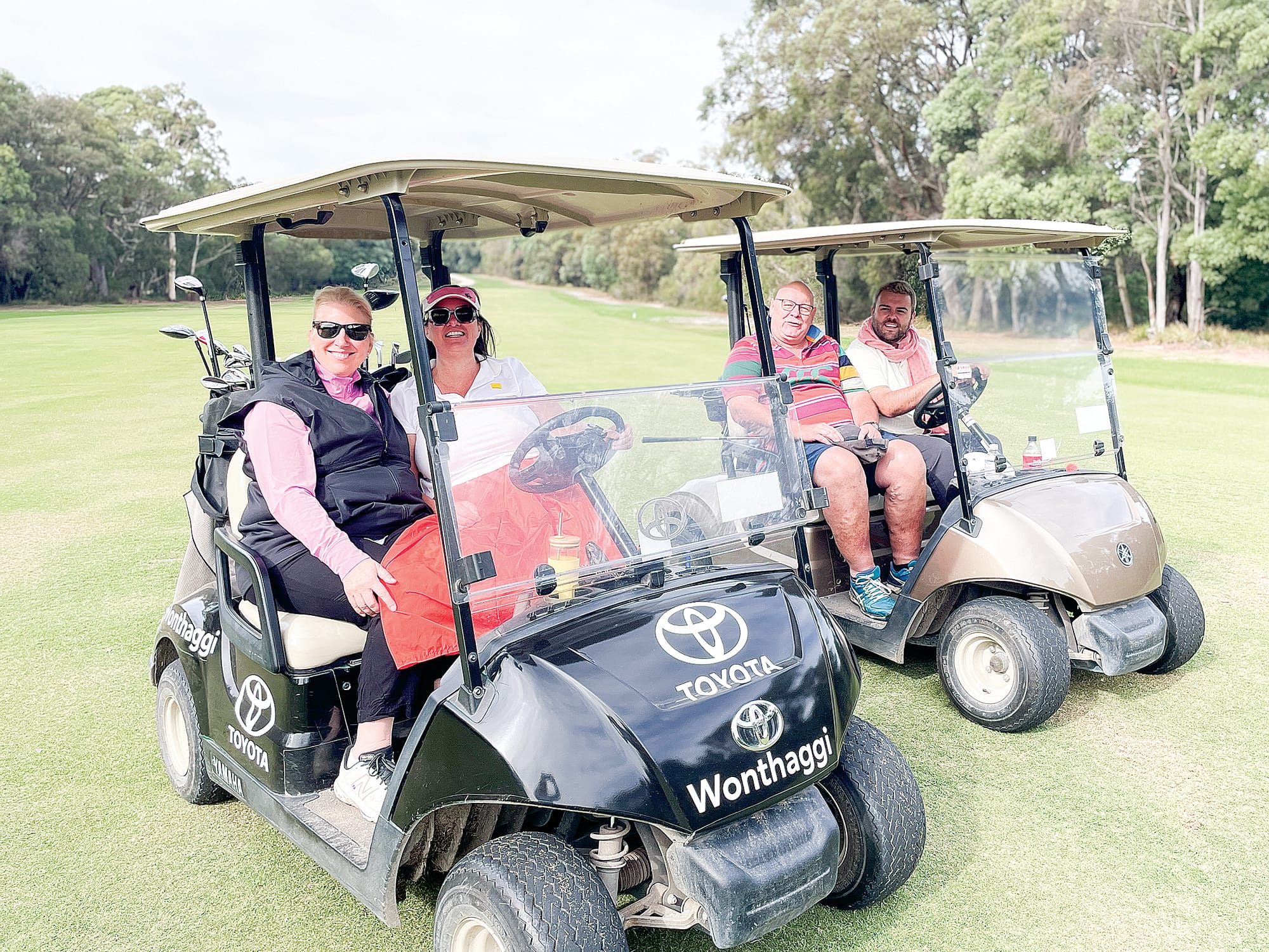 Local sponsors Coast to Coast Conveyancing’s Tania Dodes-Cumming, Ray White Inverloch, Ray White Wonthaggi and Inverloch Accommodation’s Fiona McMahon-Hughes, Paul Brougham and Mortgage Brokers Co’s Jackson McCarthy out on the course during the Go Girls Charity Golf Day. 