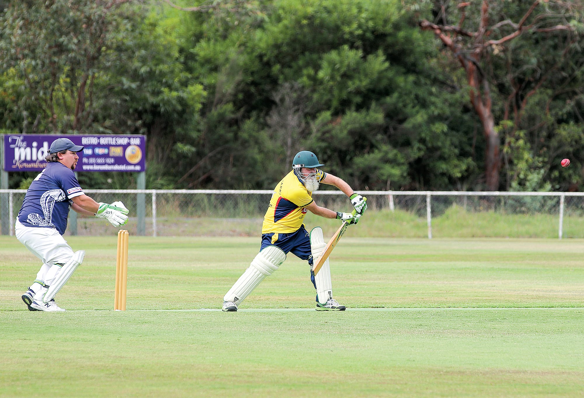 Deane Mani takes 22 runs against Korumburra in Outtrim for the 2023 premiership win. Z25_1323