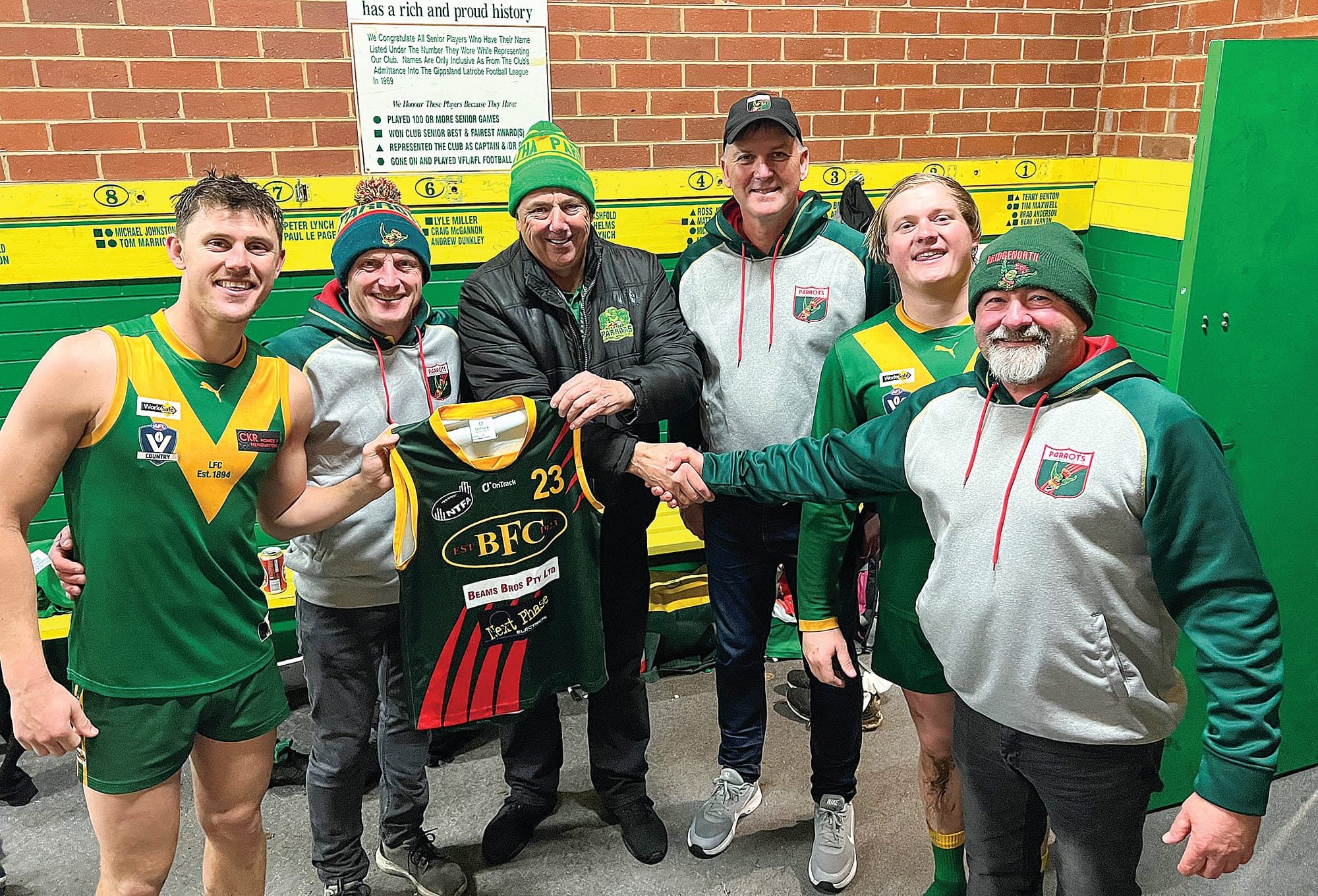 Members of Tasmania’s Bridgenorth Football Club journeyed to Leongatha to watch the match against Traralgon on Saturday. Bridgenorth is the only other Parrots club in Australia and were welcomed back to Leongatha to present a jumper during the Goods and Services Auction. Bridgenorth play in the Northern Tasmanian Football Association premier league, and its representatives said they were treated like “long lost cousins” during last year’s Leongatha visit. Pictured from left, Leongatha’s Aaron Heppell, Bridgenorth’s Tex Ieyles, Leongatha Football Netball Club president Mal Mackie, Bridgenorth’s Marcus Byard, Leongatha’s Jack Ginnane and Bridgenorth’s Ray Brough. 