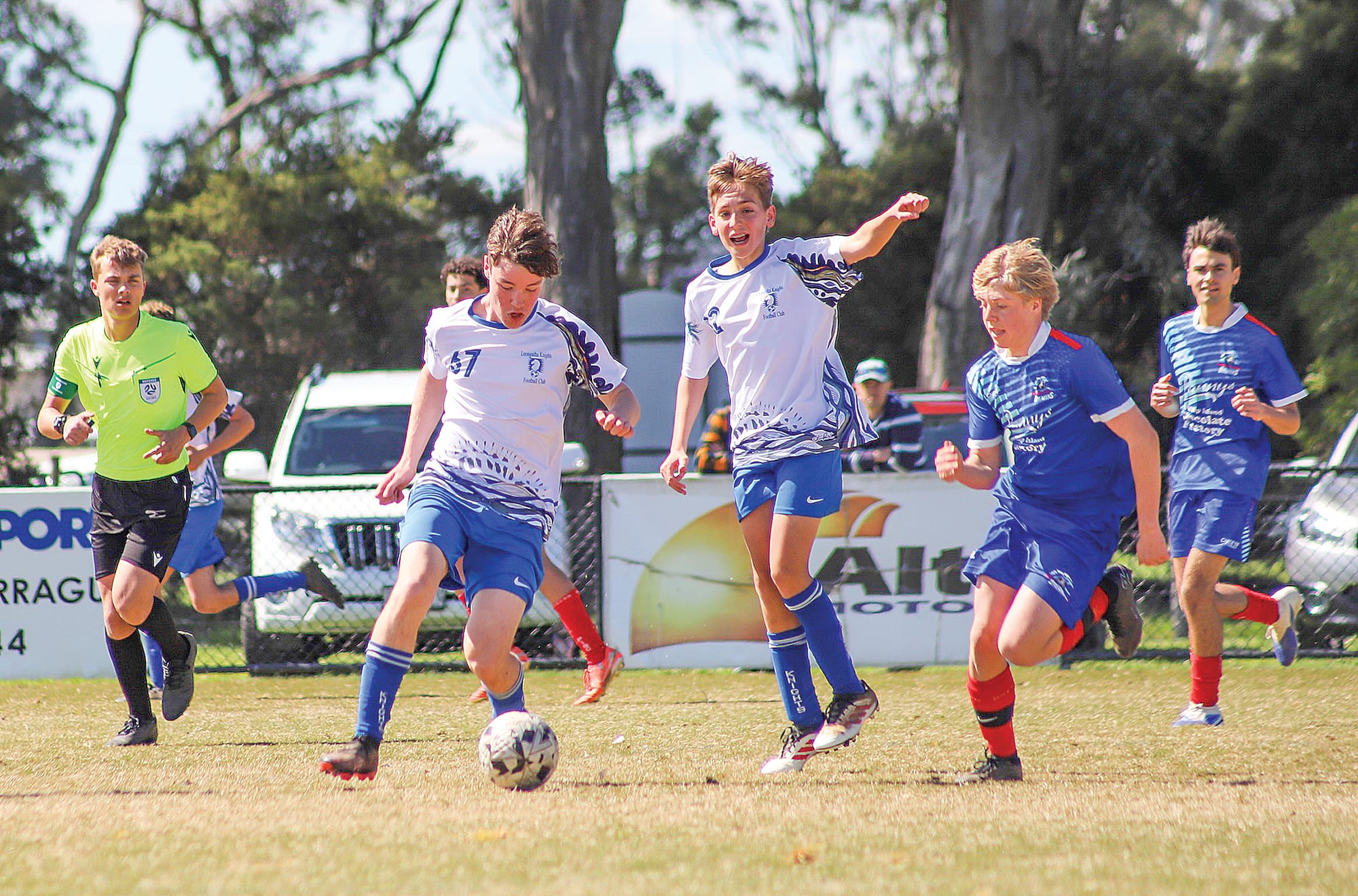 Leongatha’s Noah Bowman takes possession of the ball with support from U17s teammate Heath Clifford. 