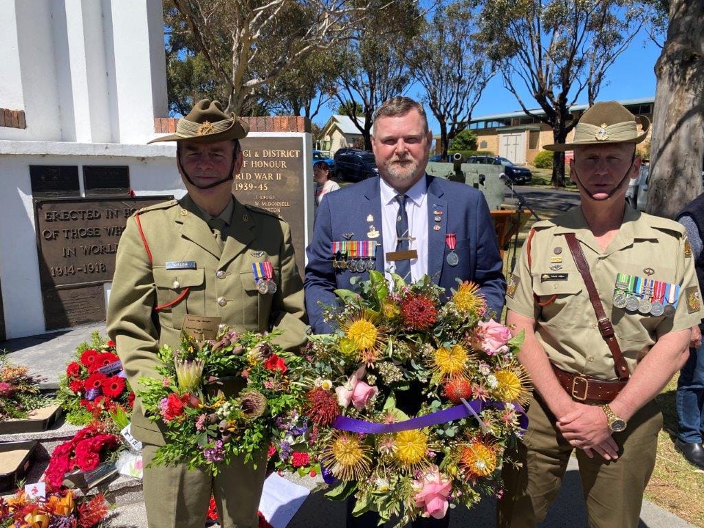 Laying the official wreaths at the Wonthaggi Cenotaph on Remembrance Day, Monday, November 11 were, centre, Wonthaggi RSL President Dan Lucas, and, left, Ret Major Kevin Walsh with one of the guest speakers Warrant Officer (1st) Mark Allan of the HMAS Cerberus Dental Corps.