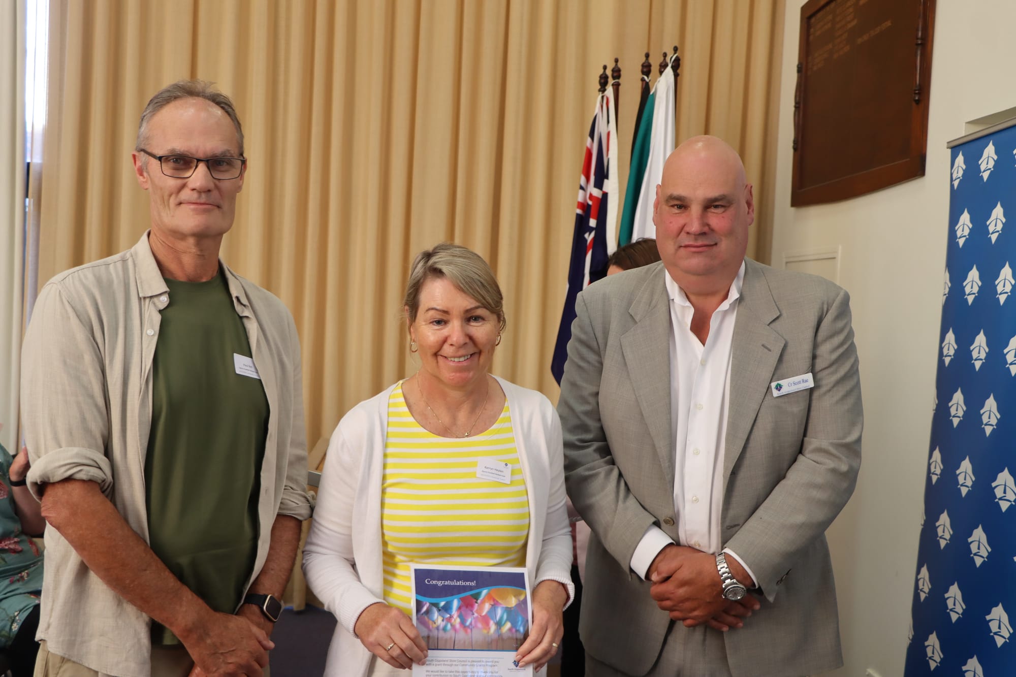 Paul Bell and Kerryn Heylen of Nyora Football Netball Club with Cr Scott Rae.