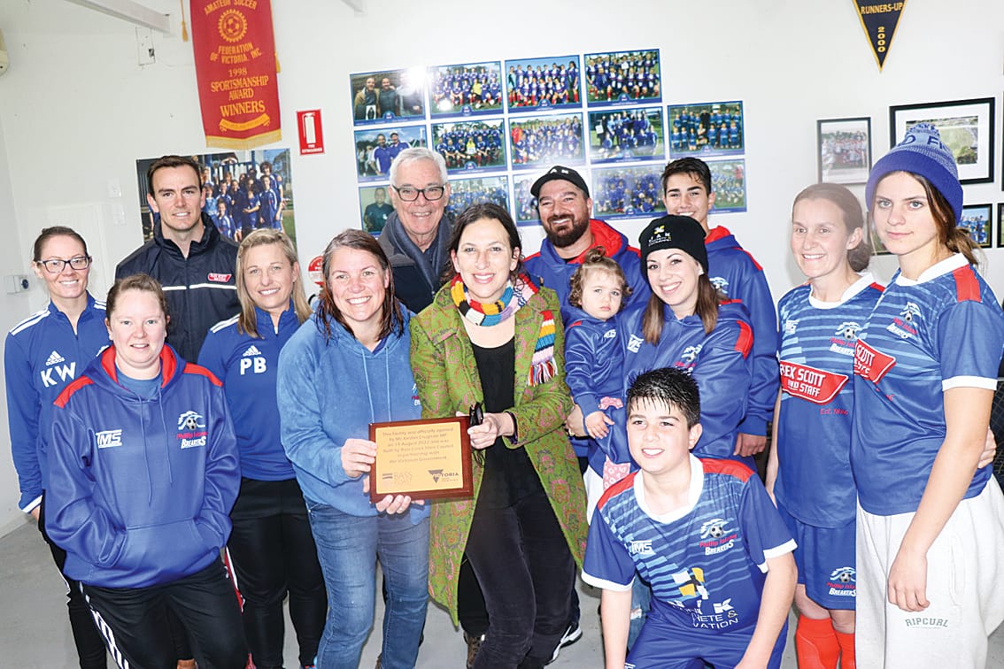 Amanda, Kelly, Nathan, Pauleen, Andrea, Mayor, Cr Michael Whelan, Jordan Crugnale MP, the Ellaz family, Alyssa and Coco attended the Newhaven soccer official opening on Sunday, August 14. Z43_3322