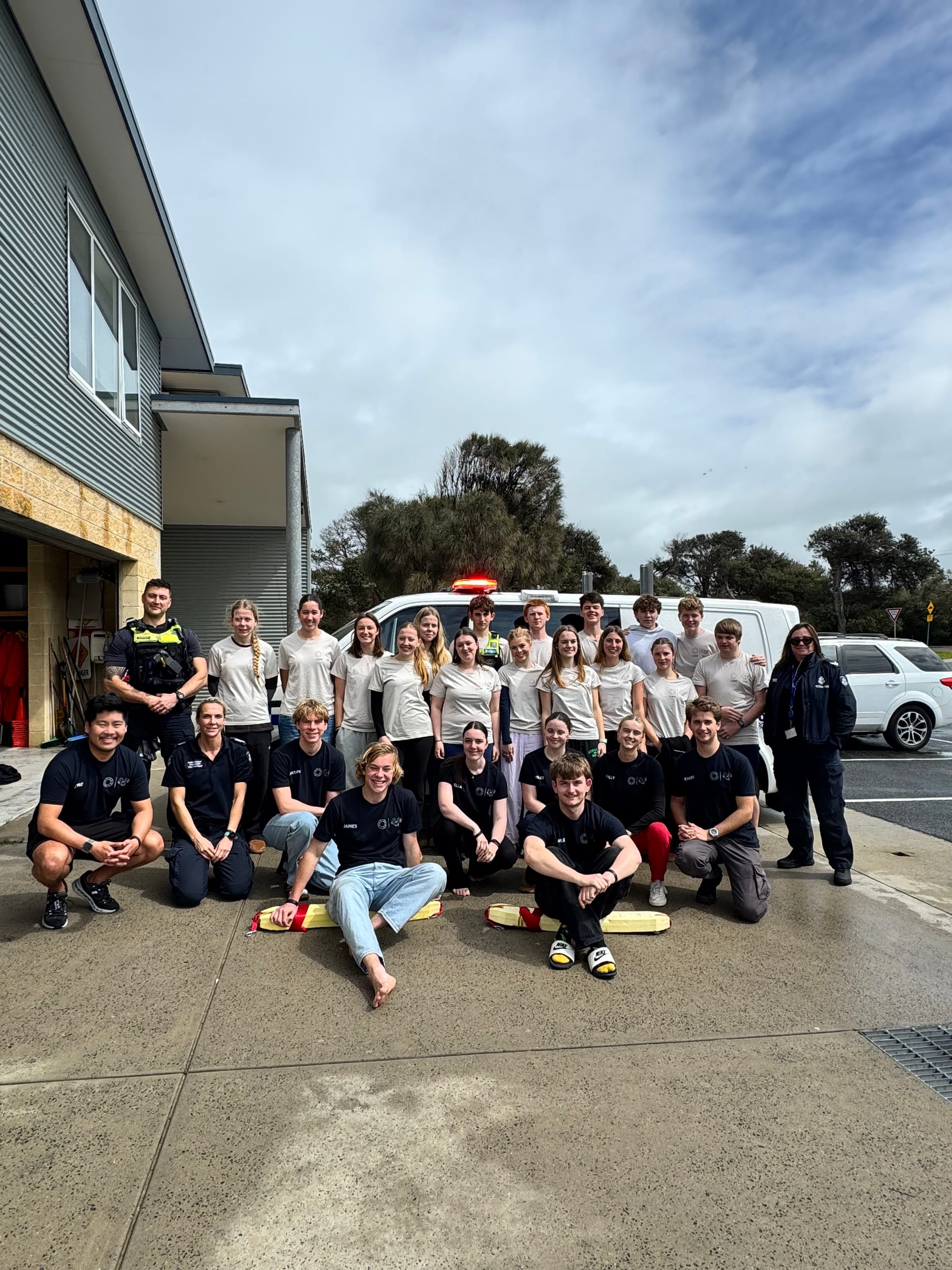 Inverloch Surf Life Saving Club (SLSC) participants with Victoria Police as part of the interagency training at the five-day Inverloch Leadership Search and Rescue (ILSAR) Program.