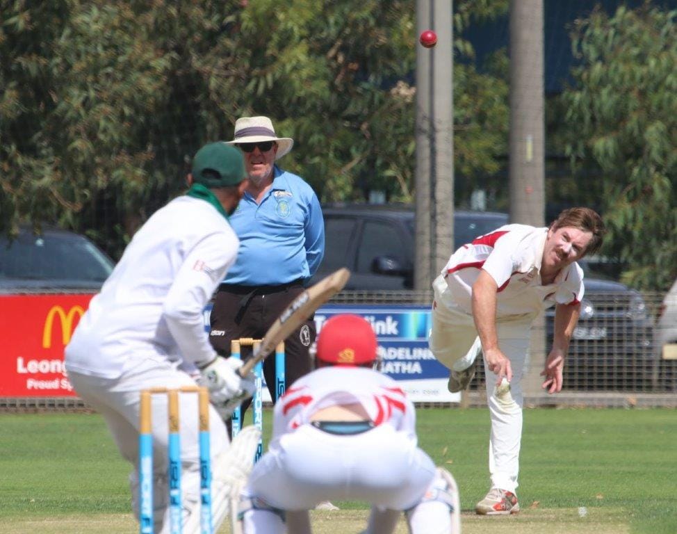 Tim Wightman had the job of putting the ball on the spot against a howling wind and did so successfully for Nerrena taking 5/57 off 21.