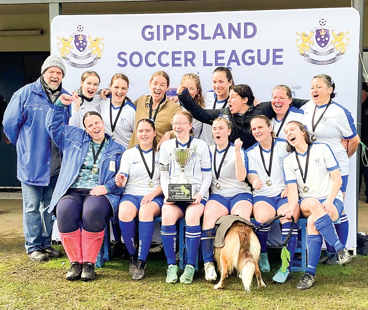 The Leongatha Knights women’s’ team with their proud cup trophy after defeating Phillip Island.