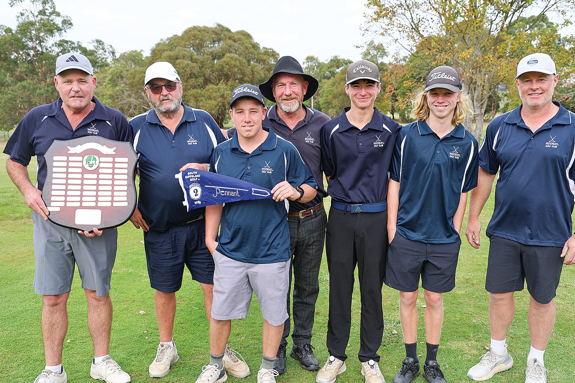 Winners of the South Gippsland District Golf Association Division Two Pennant was Woorayl, from left, Ash Turner (c), Geof Forrester, Josh Smith, Ashley Hickey, Ayden Walters, Ethan Smith and Troy Williams.