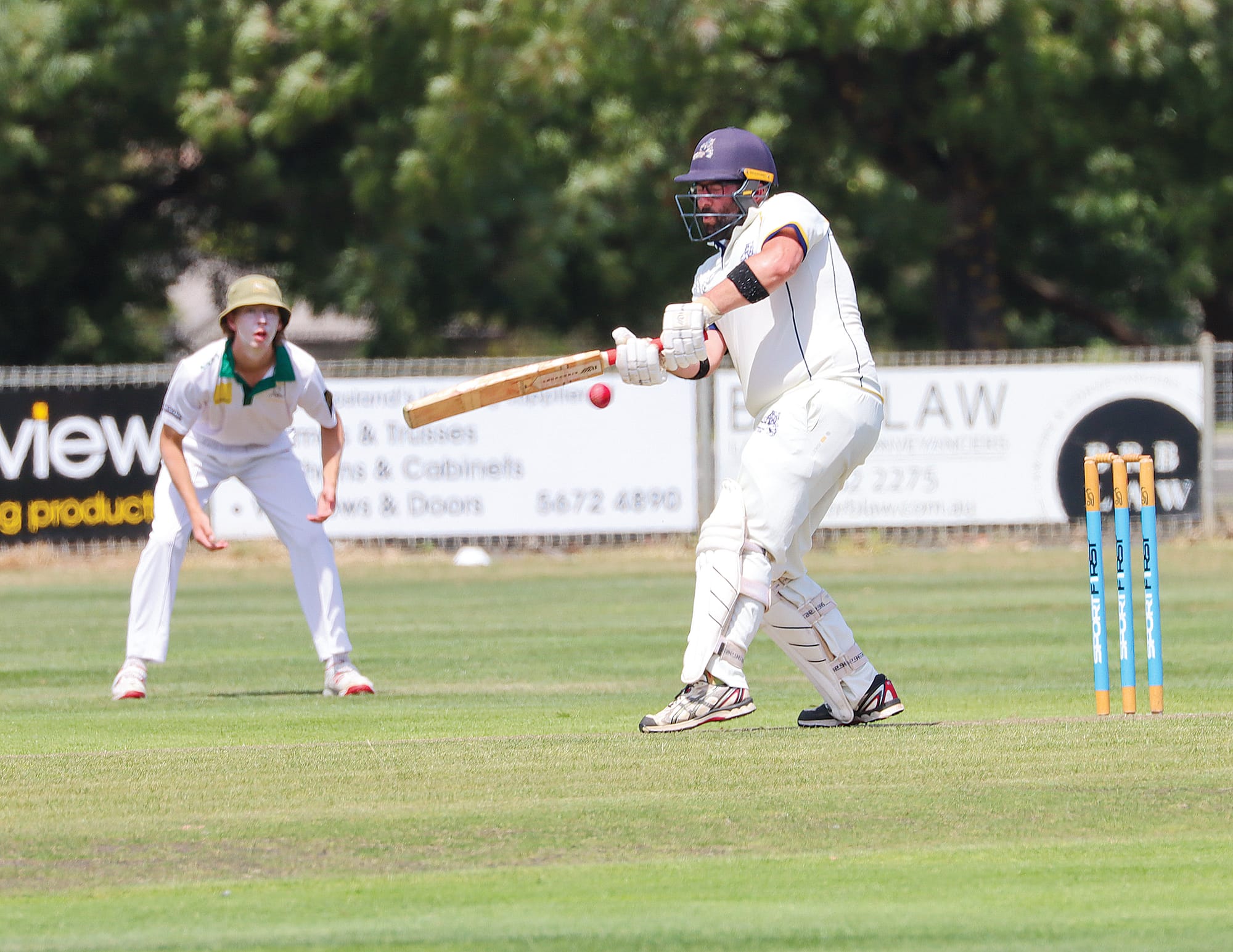 Anthony Hunt keeps a close eye on the ball during his innings of 15, opening the batting for Koonwarra Leongatha RSL against Leongatha Town in A1 competition. A29_0825