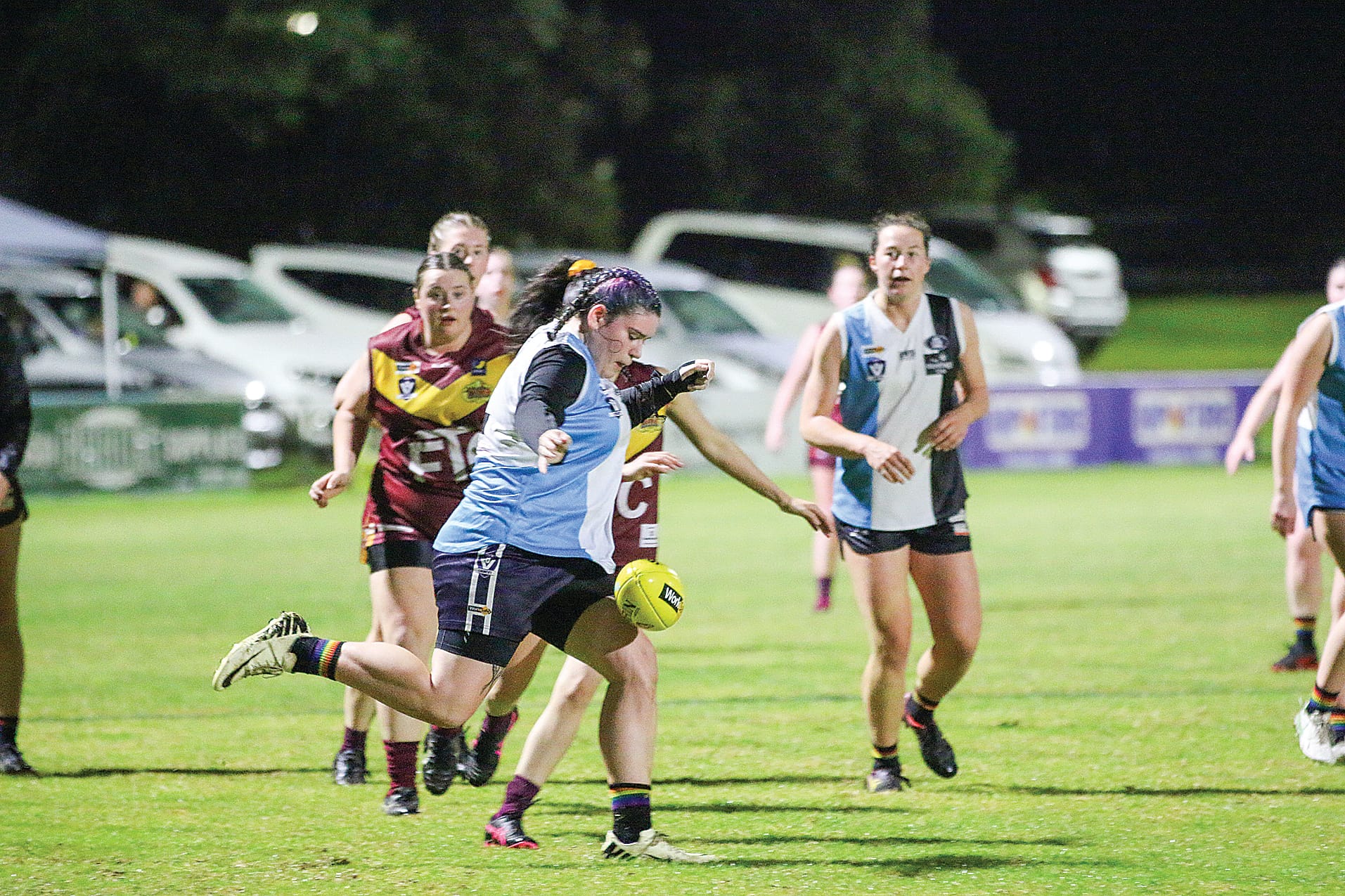 Jayde Lamb boots the ball out of Tyabb’s forward line for the Bass Coast Breakers.