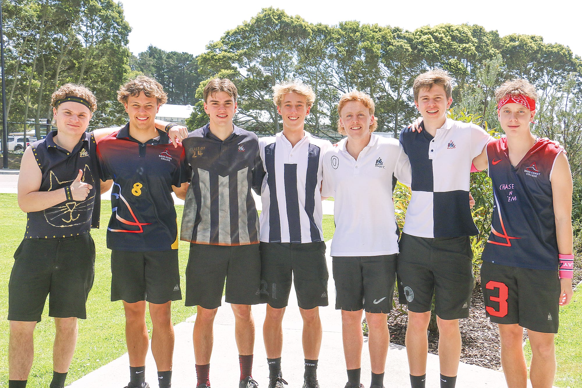 Year 12 students Aiden Hooper, Brayden Bertacco, Callum McLeod, Jack Hosking, Zak Box, Charlie Slater and Chase Caldwell spruced up their uniforms as a final farewell to Bass Coast College. Tk12_4424