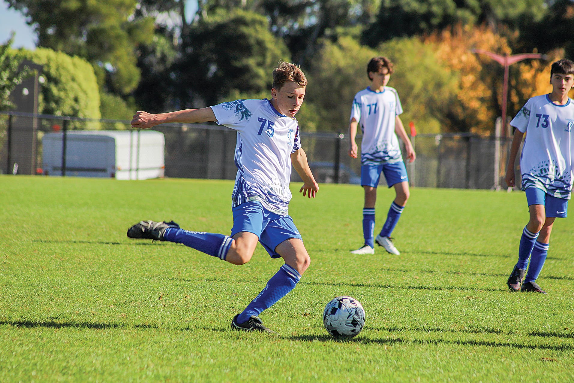Leongatha’s Stefan worked hard in the midfield in the U17 White team’s draw against neighbours Korumburra.