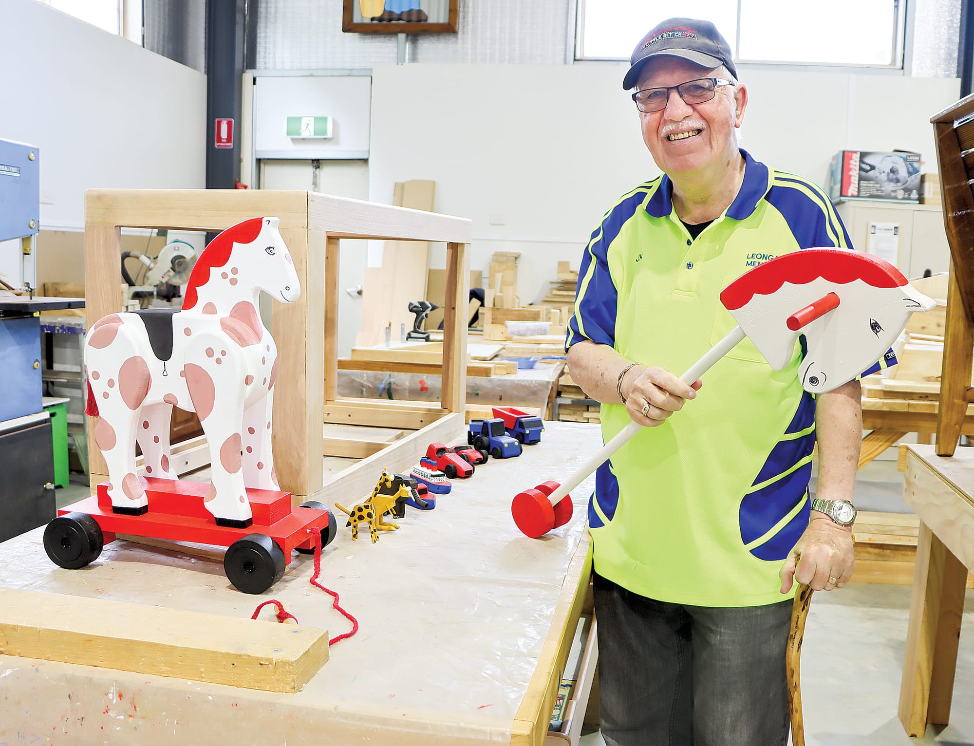 Jim Hendry displays some of the toys he has made since joining Leongatha Men’s Shed recently.