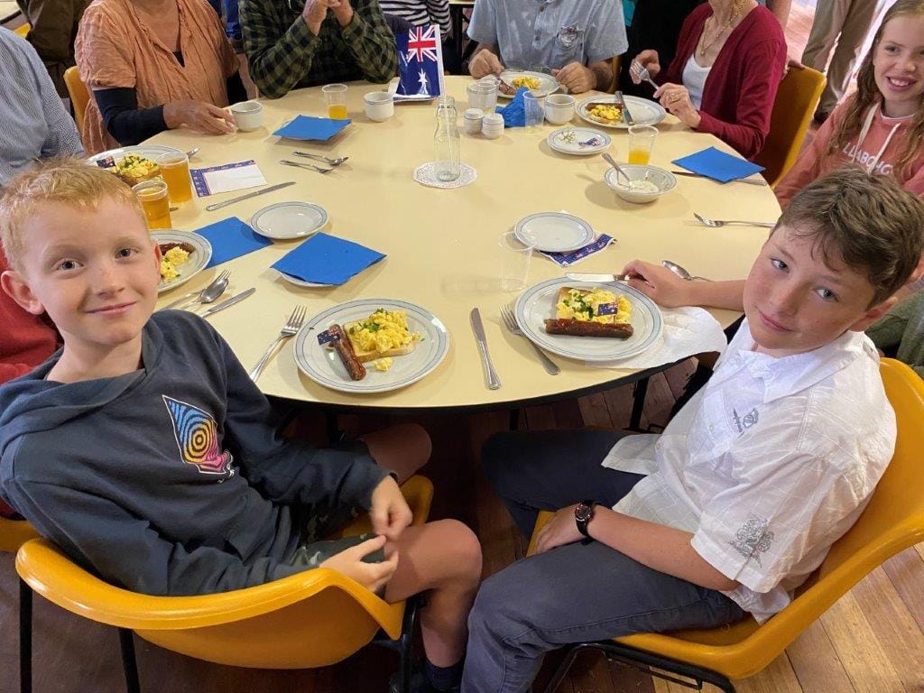 Chowing down on a big Aussie breakfast at Kongwak on Australia Day were Lucas Rowson and Samuel Hanson.